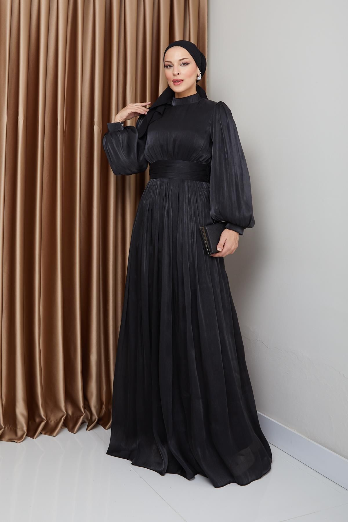 Olcay-Hijab-Abendkleid aus Seide – Yoryo, Taillengürtel und Kordelzug-Detail, SCHWARZ 1225 6