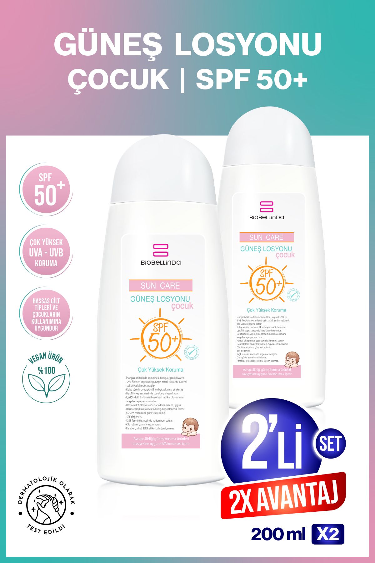 BioBellinda Doğal Içerikli Suya Dayanıklı Çocuk Güneş Losyonu Spf 50+ 200 ML ( 2'Lİ SET )