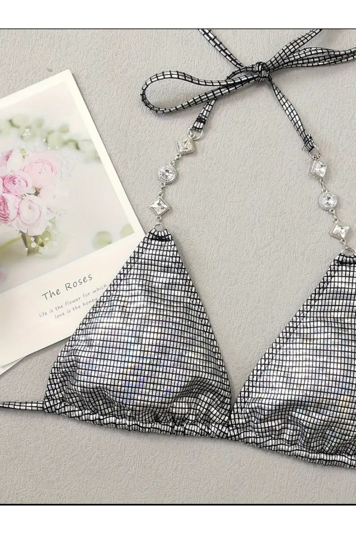 Sheinside-Set de bikini pentru femei cu piatră strălucitoare cu detaliu de lanț 4