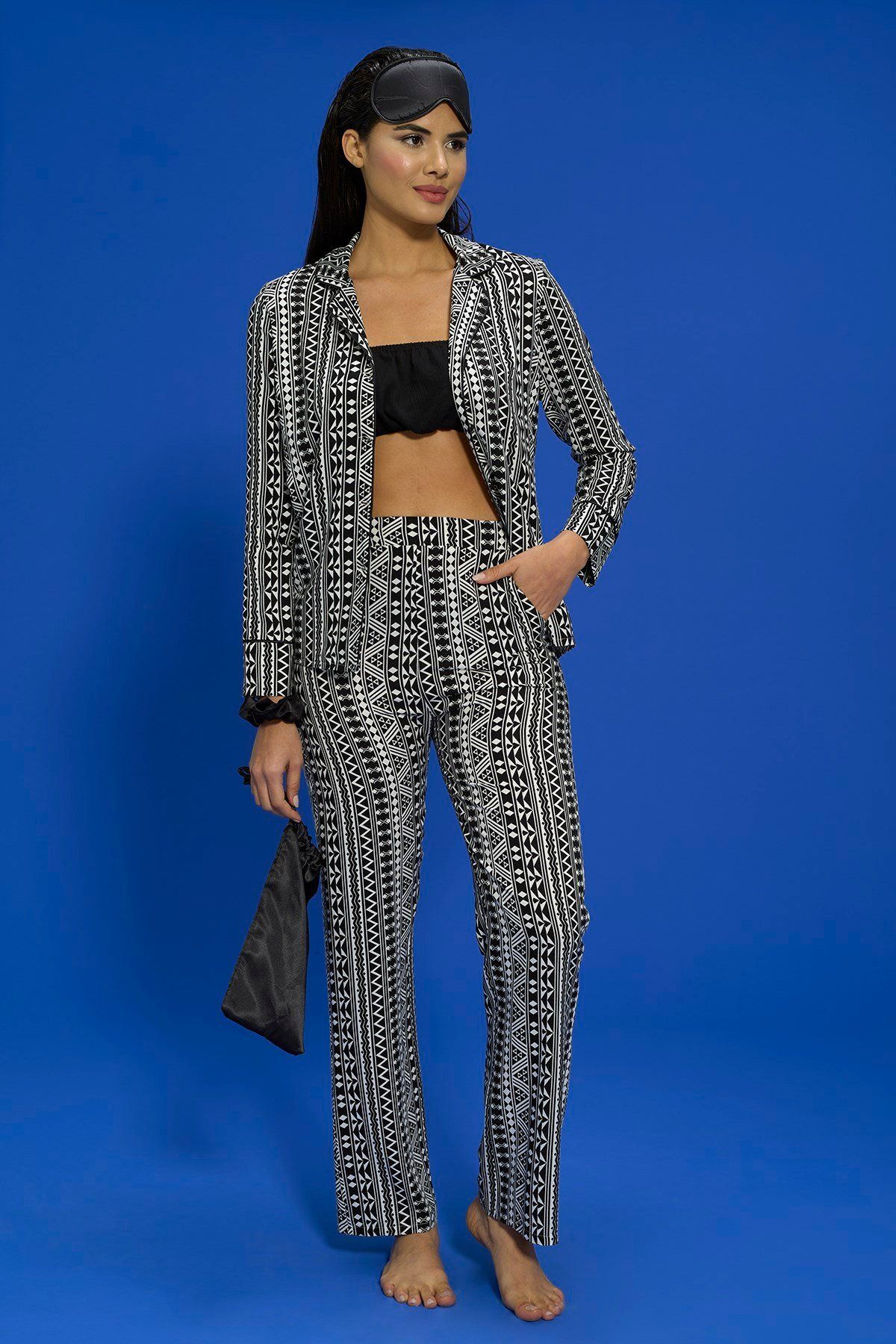 FOR YOU MODA-7-Piece Viscose Asymmetrical Pattern Black Pajama Set Both Inside and Outside 3