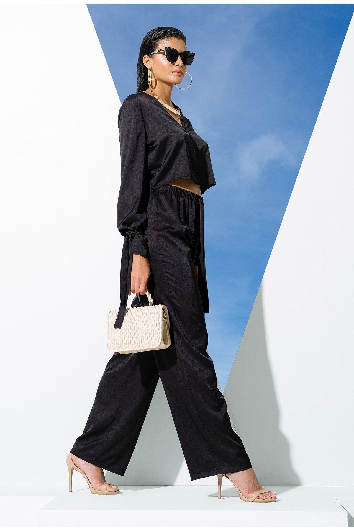 FOR YOU MODA-5-Piece Black Pajama Set with Sleeve Binding Detail Inside and Out 2