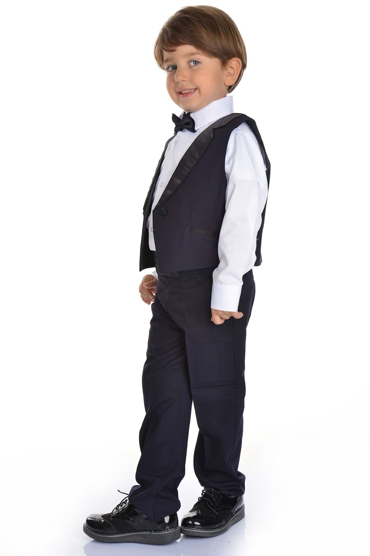 Mnk-Satin Collar Belted Vest Boy's Suit Navy Blue 4