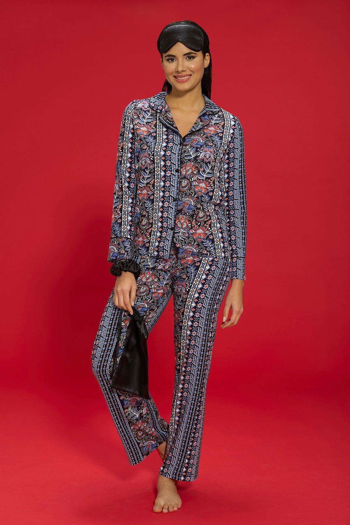 FOR YOU MODA-7-Piece Viscose Inside and Outside Ethnic Pattern Black Pajama Set 4
