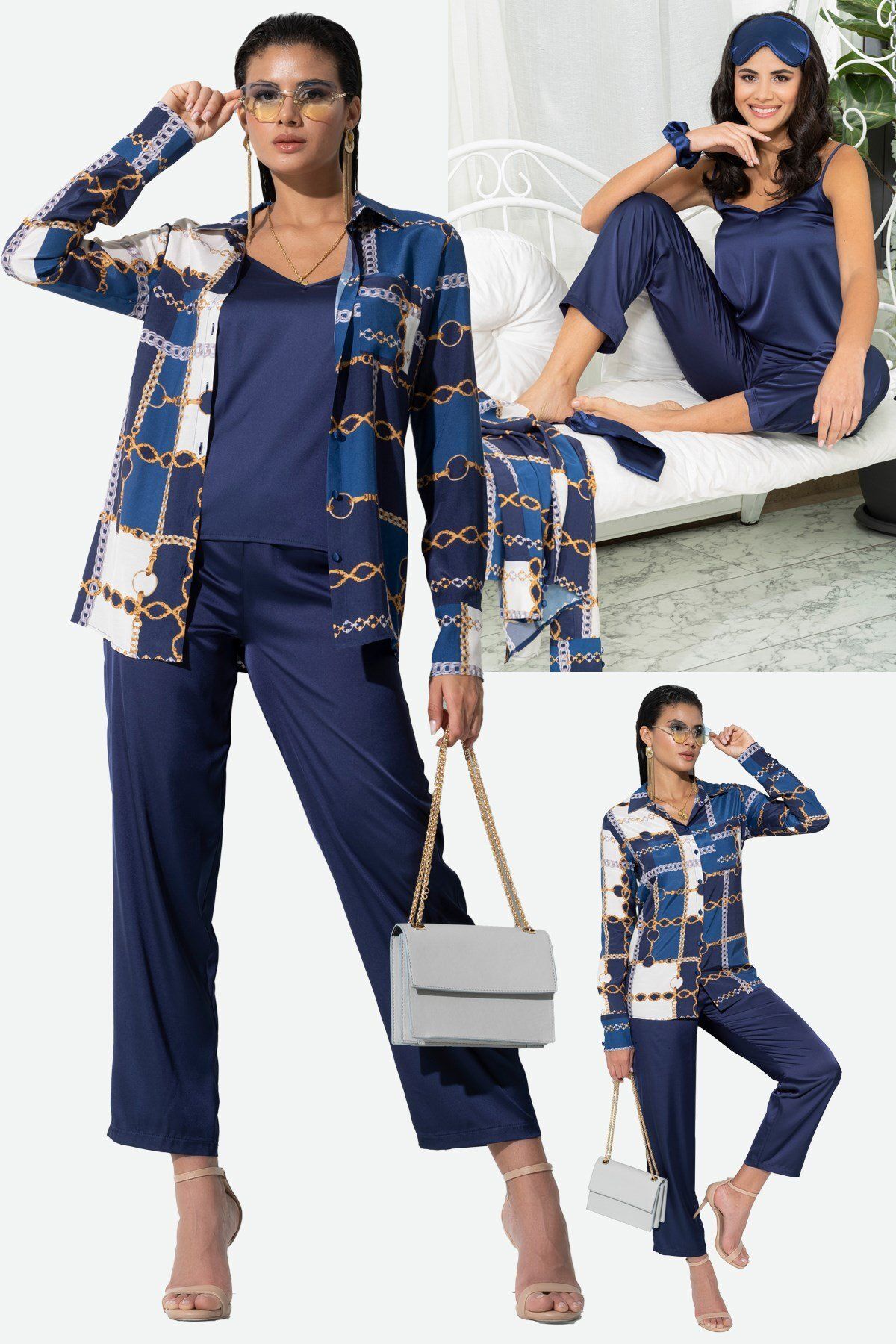 FOR YOU MODA-6-Piece Chain Pattern Inside and Outside Navy Blue Pajama Set 2
