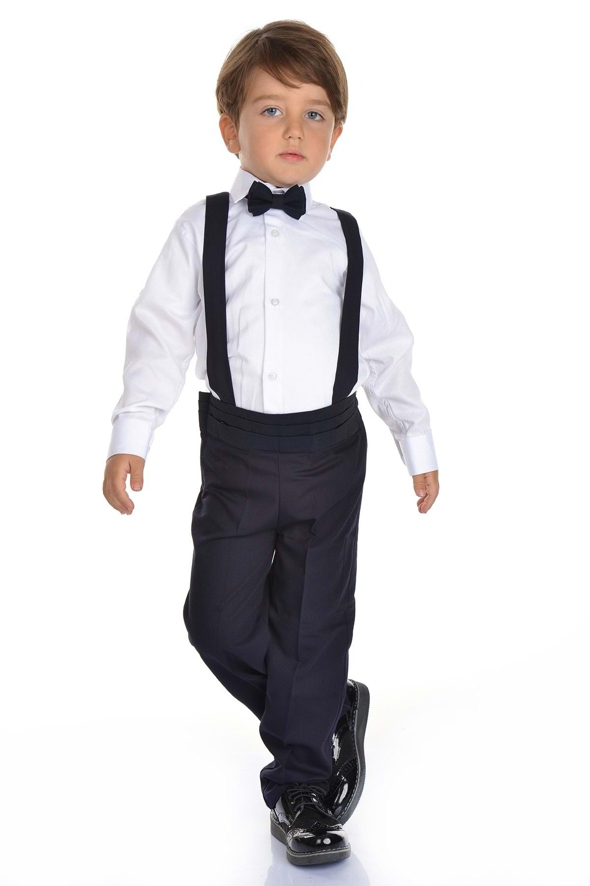 Mnk-Satin Collar Belted Vest Boy's Suit Navy Blue 3