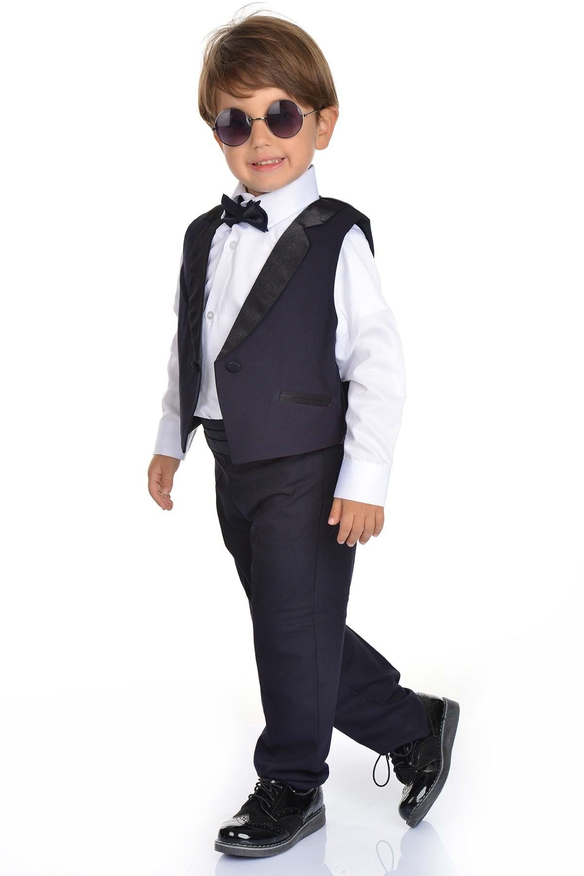 Mnk-Satin Collar Belted Vest Boy's Suit Navy Blue 6