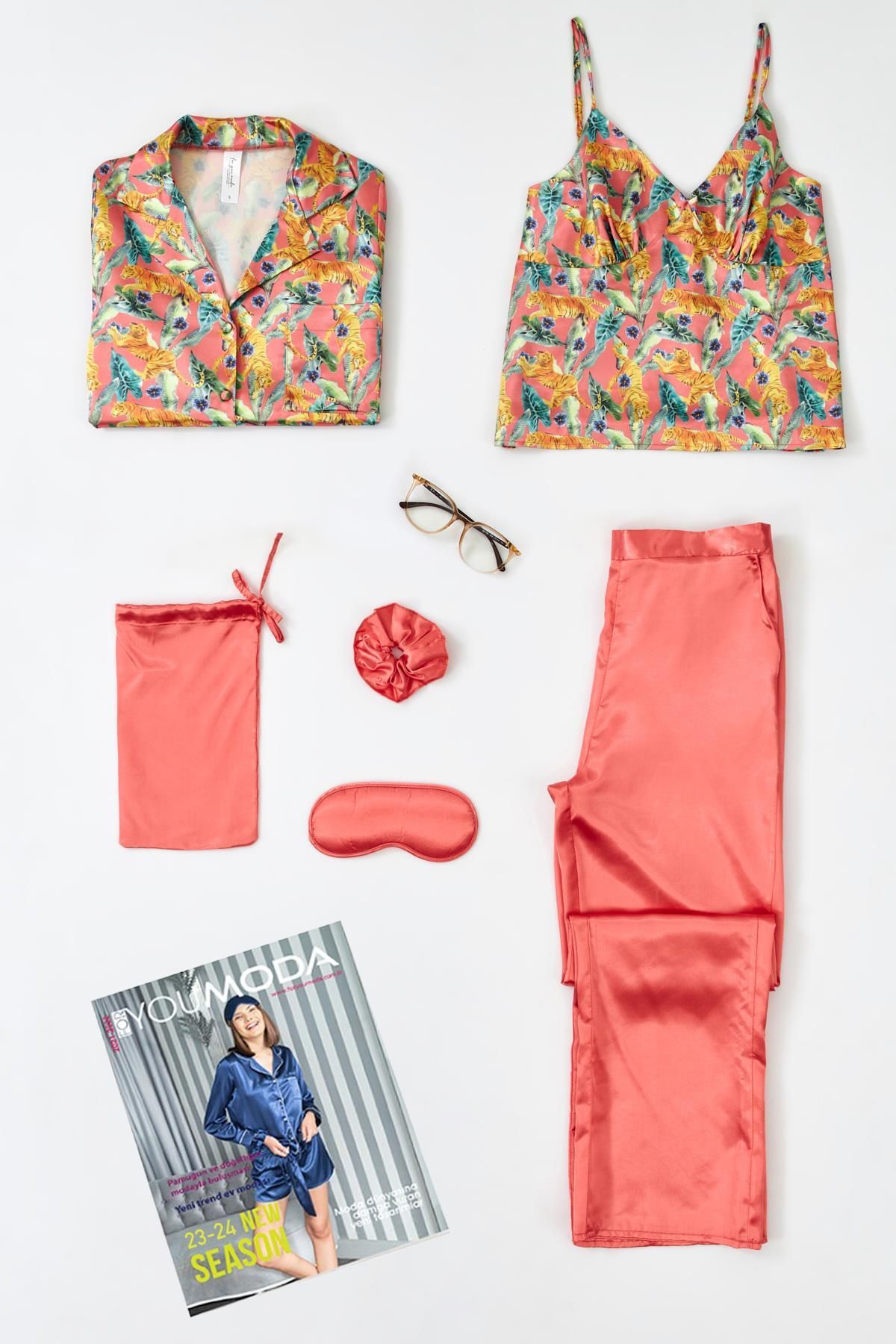 FOR YOU MODA 6'lı Kaplan Desen Nar Çiceği Pijama Takımı