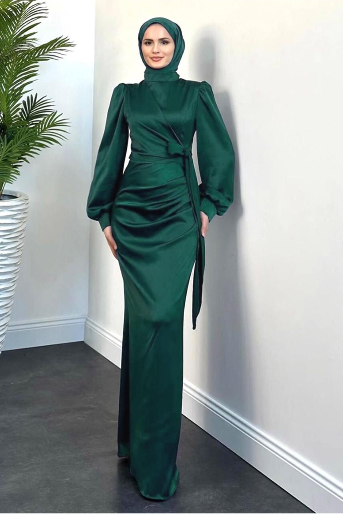 TRENDTESETTÜR-Green Satin Evening Dress - Emerald t 3316 1