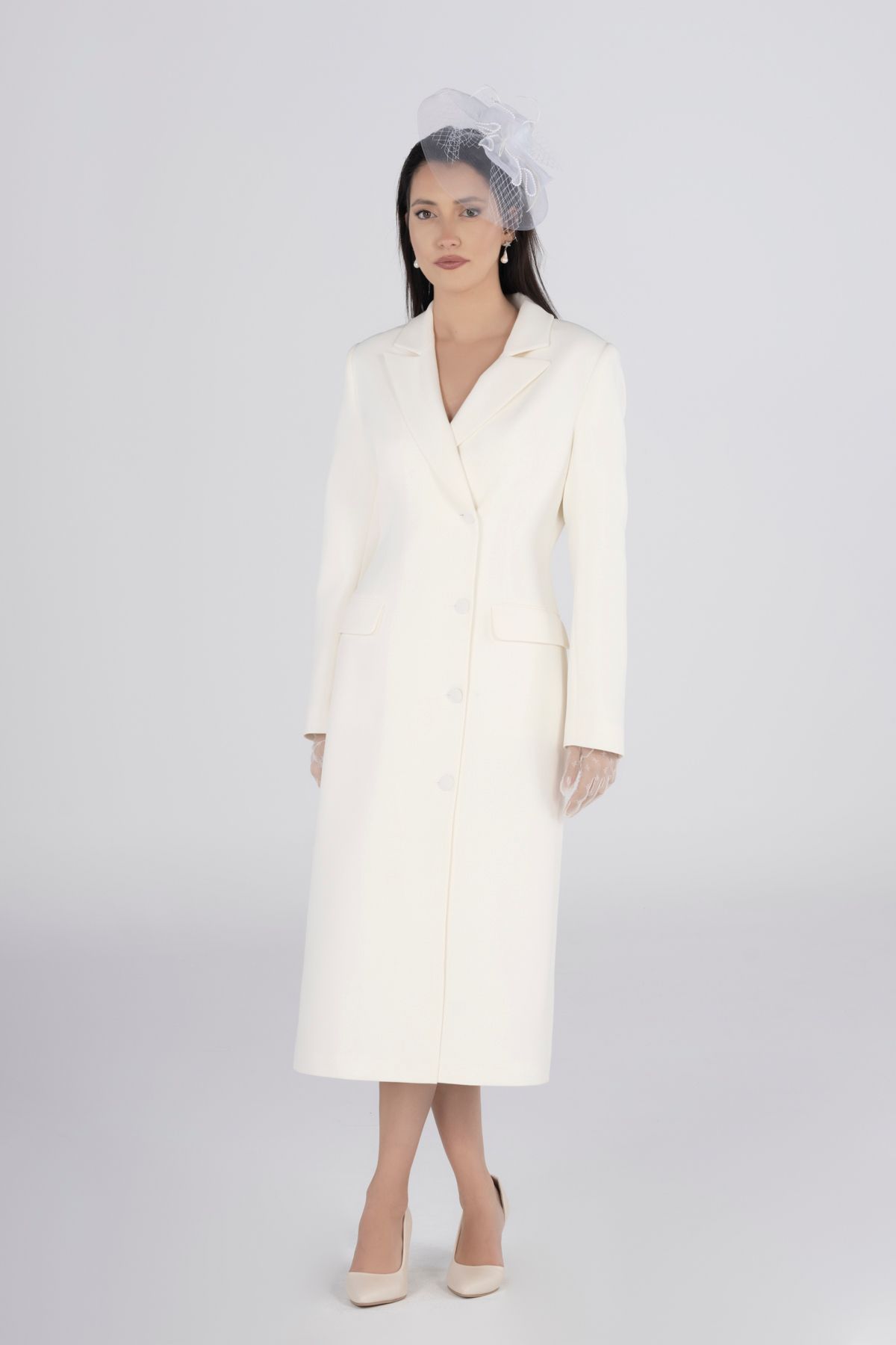 PEARL-White Long Jacket Dress with Double Breasted Neckline Pockets |   Elegant Choice for Wedding, Bride, Promise and Home Exit 3