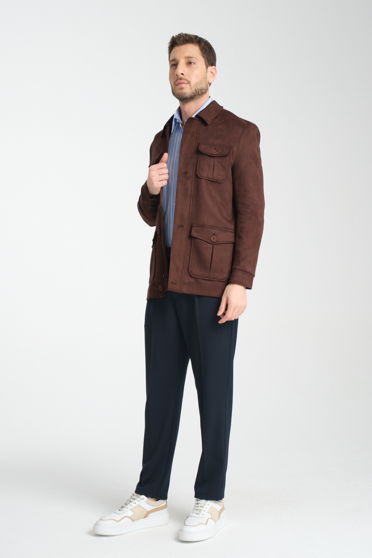 Frappoli  Fermuarlı-Düğmeli Erkek Süet Trençkot Mont Standart Fit - Görsel 7