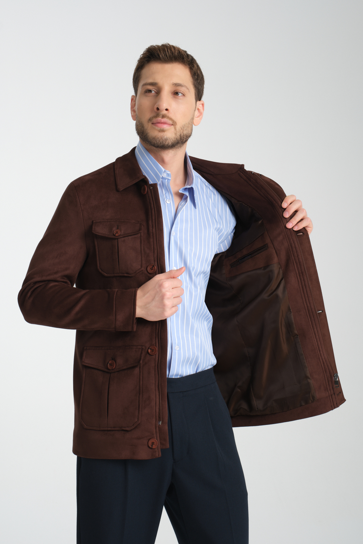 Frappoli  Fermuarlı-Düğmeli Erkek Süet Trençkot Mont Standart Fit - Görsel 4