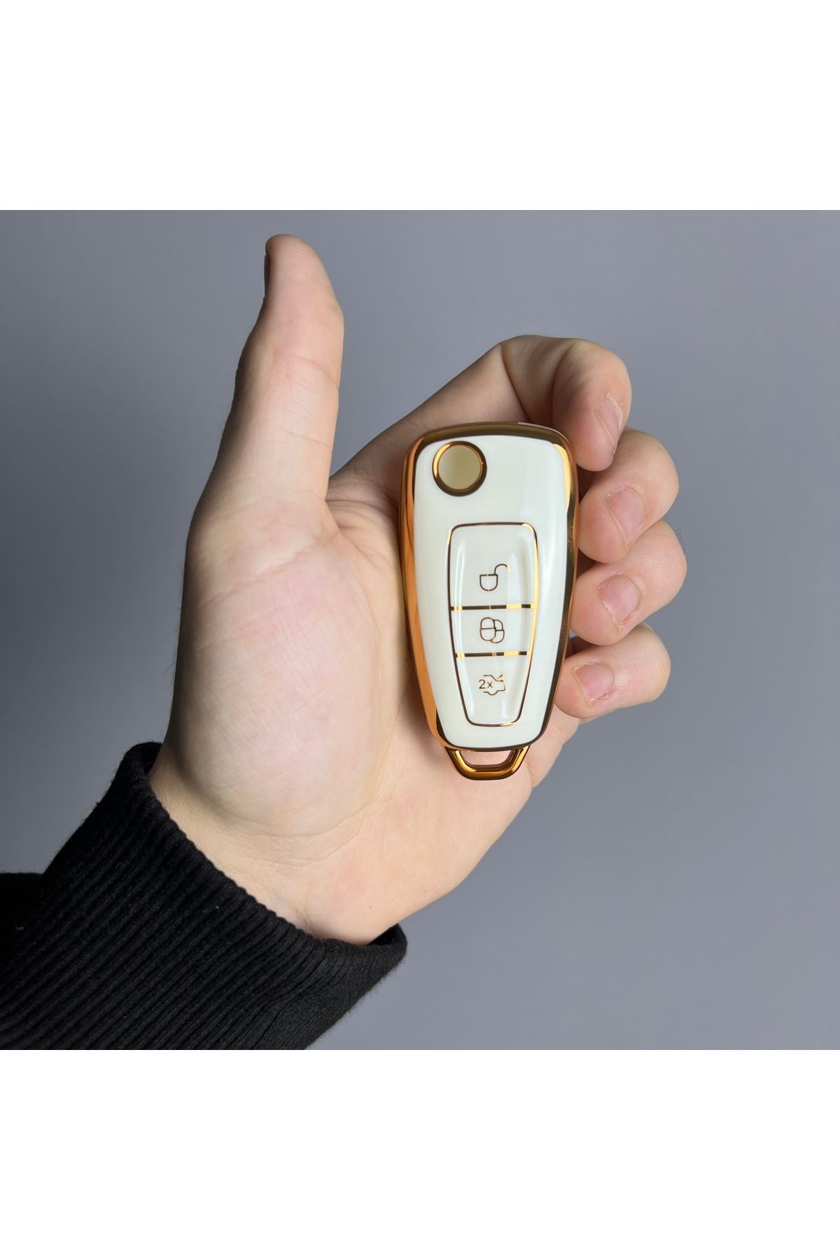 Luxe Aksesuarr Ford Focus -Transit - Fiesta Sustalı Koruma Anahtar Kumanda Nano Silikon Kılıf Beyaz Gold Renk
