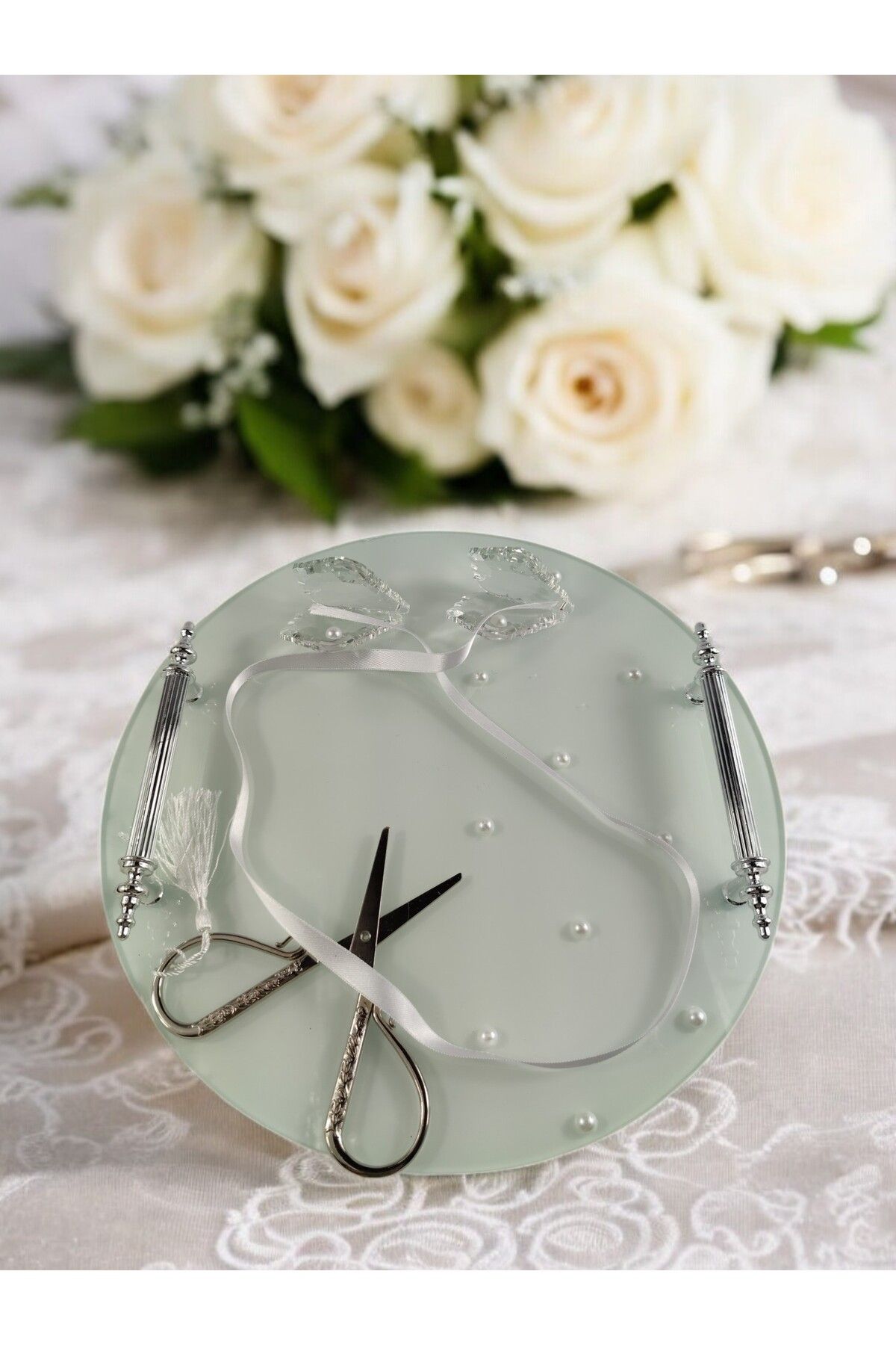 Basic Creation-Promise Tray with Pearls for Groom Coffee and White Round Tray - Set Including Scissors and Ribbons 3