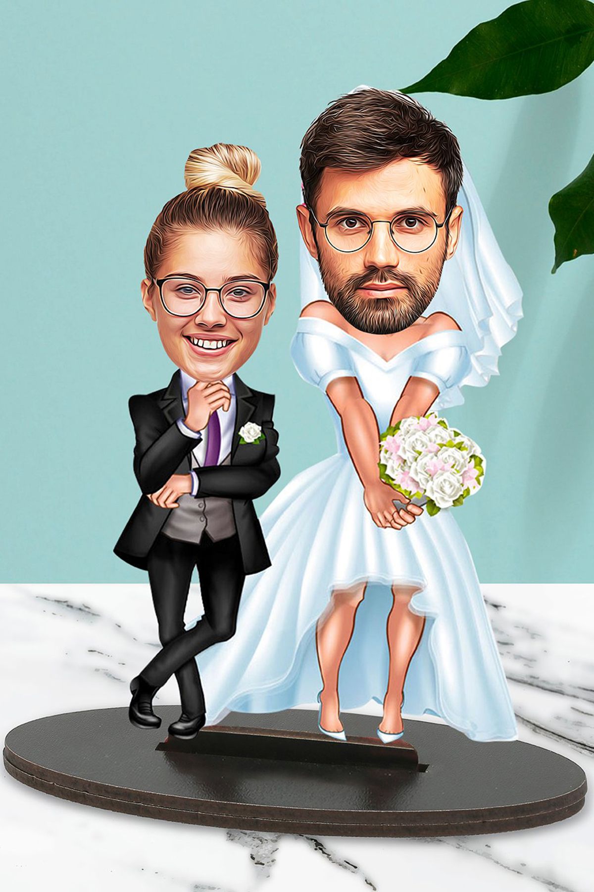 Kişiye Özel Fotoğraflı Gelin ve Damat Tasarımlı Karikatür Biblo