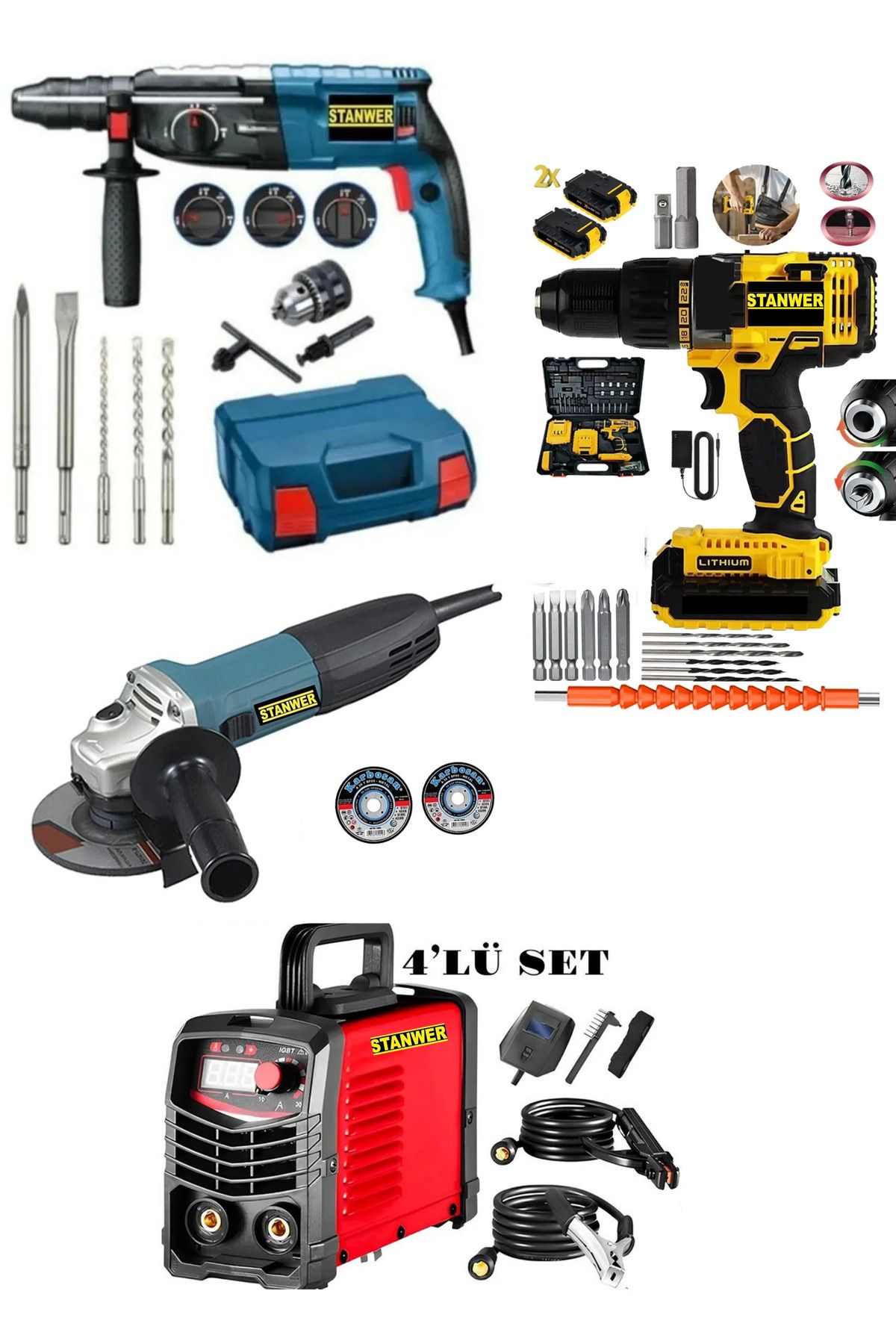 STANWER PRO  4'lü Set İnverteKaynak Makinesi-Kırıcı Delici Hilti-Darbeli Setli Matkap- Taşlama