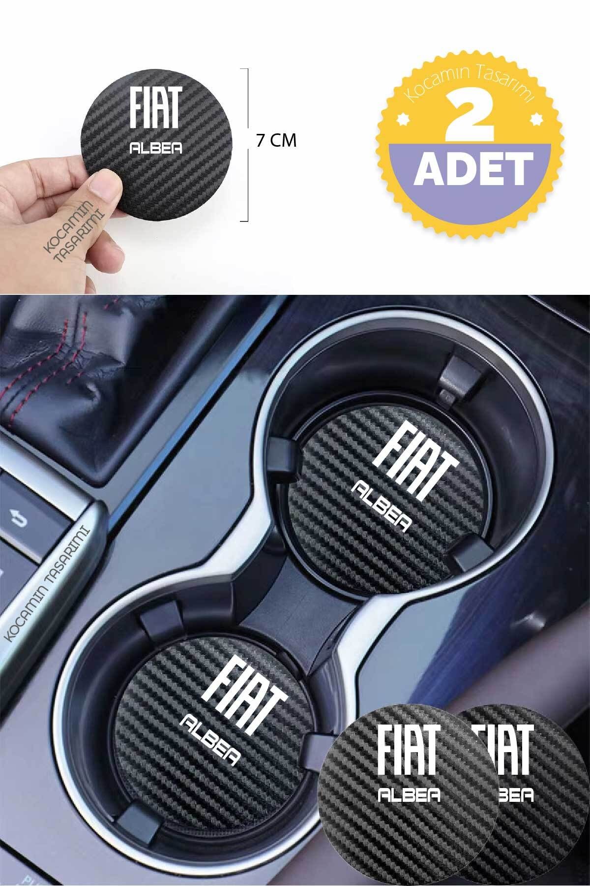 Kocamın Tasarımı Fiat Albea Yazılı Karbon Araç Bardak Altlığı Fiat Albea Modeli İçin 7 cm Şık Tasarım 2 Adet