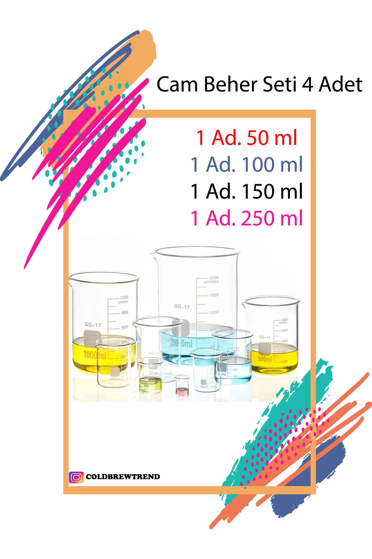 COLD BREW TREND by ugur cadirci Cam Beher Seti 4 Adetli - 50 ml,100ml,150ml,250 ml Olarak Gönderilir. Kimya Laboratuvar Öğrenci