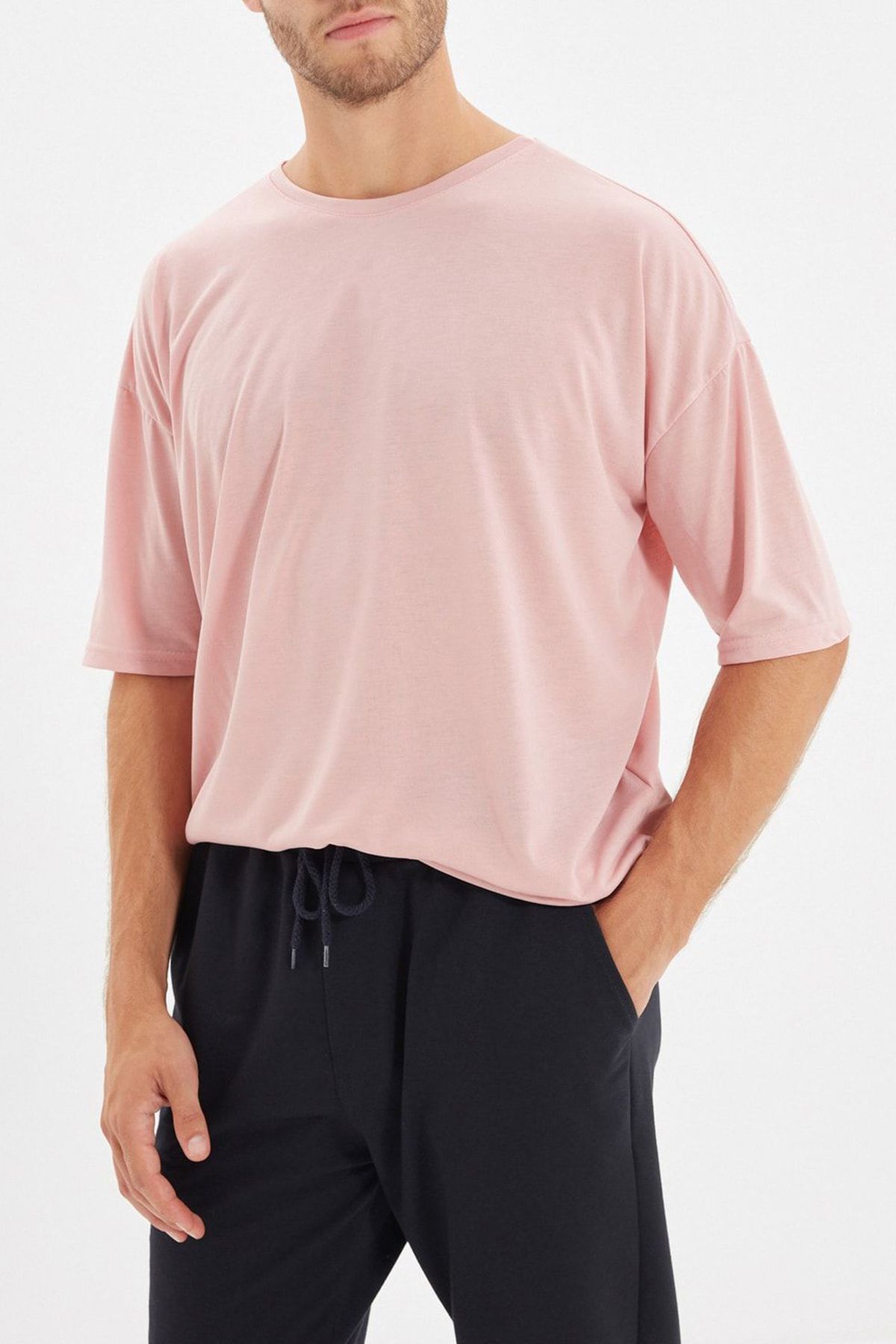 Edit by Trendyol-Tricou roz pentru bărbați - decolteu, croială largă, mânecă scurtă TMNSS21TS0811 3