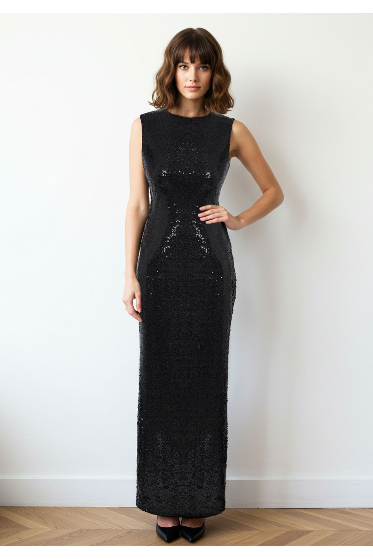 Trendyol Collection Czarna, Dzianinowa, Długa, Stylowa Sukienka Wieczorowa Z Cekinami I Detalami Z Tyłu Tprss25ae00003 Kobieta - 36