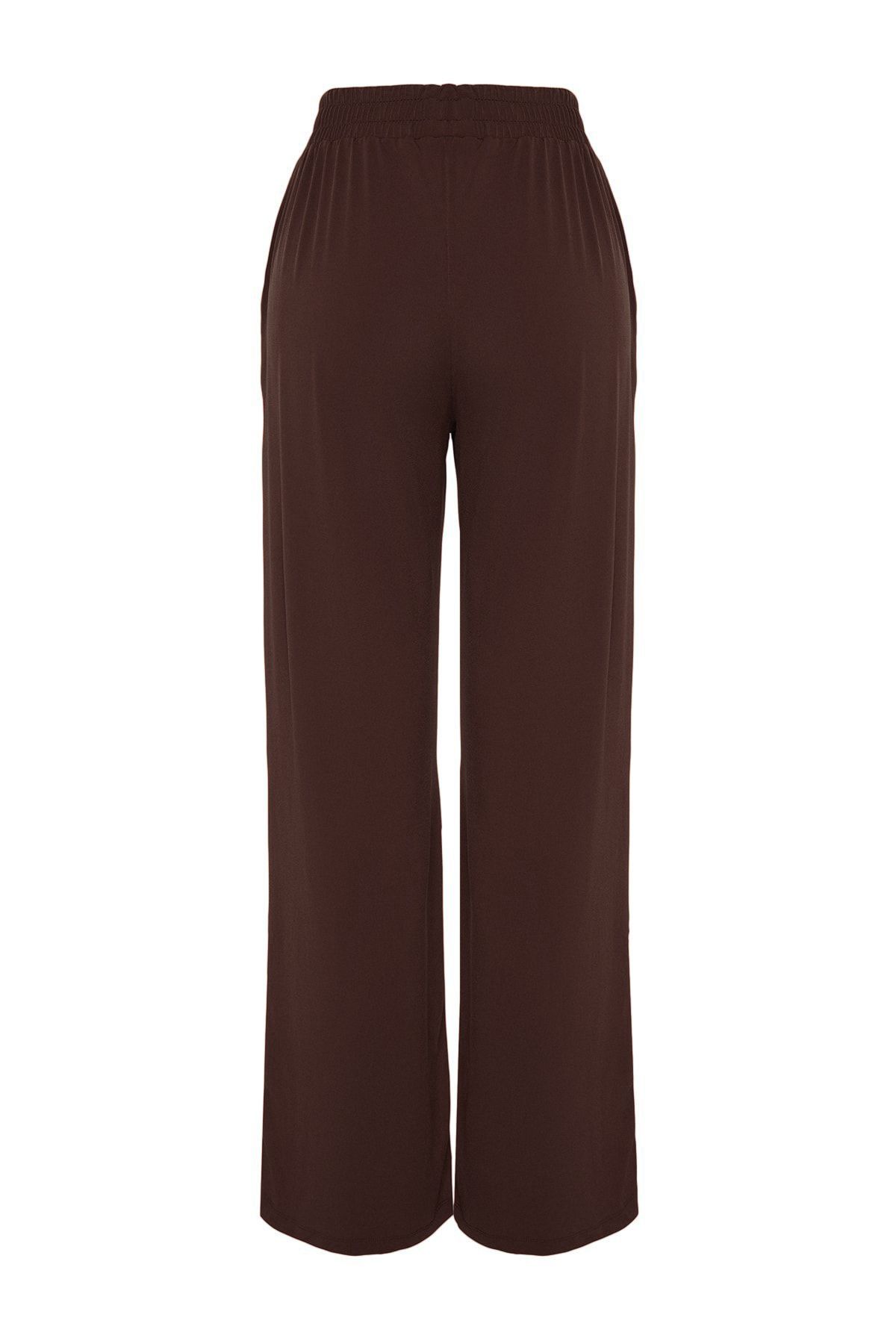 Trendyol Collection-Hnědá široká noha/ uvolněný střih s vysokým pasem elastické kalhoty Twoss23Pl00129 7