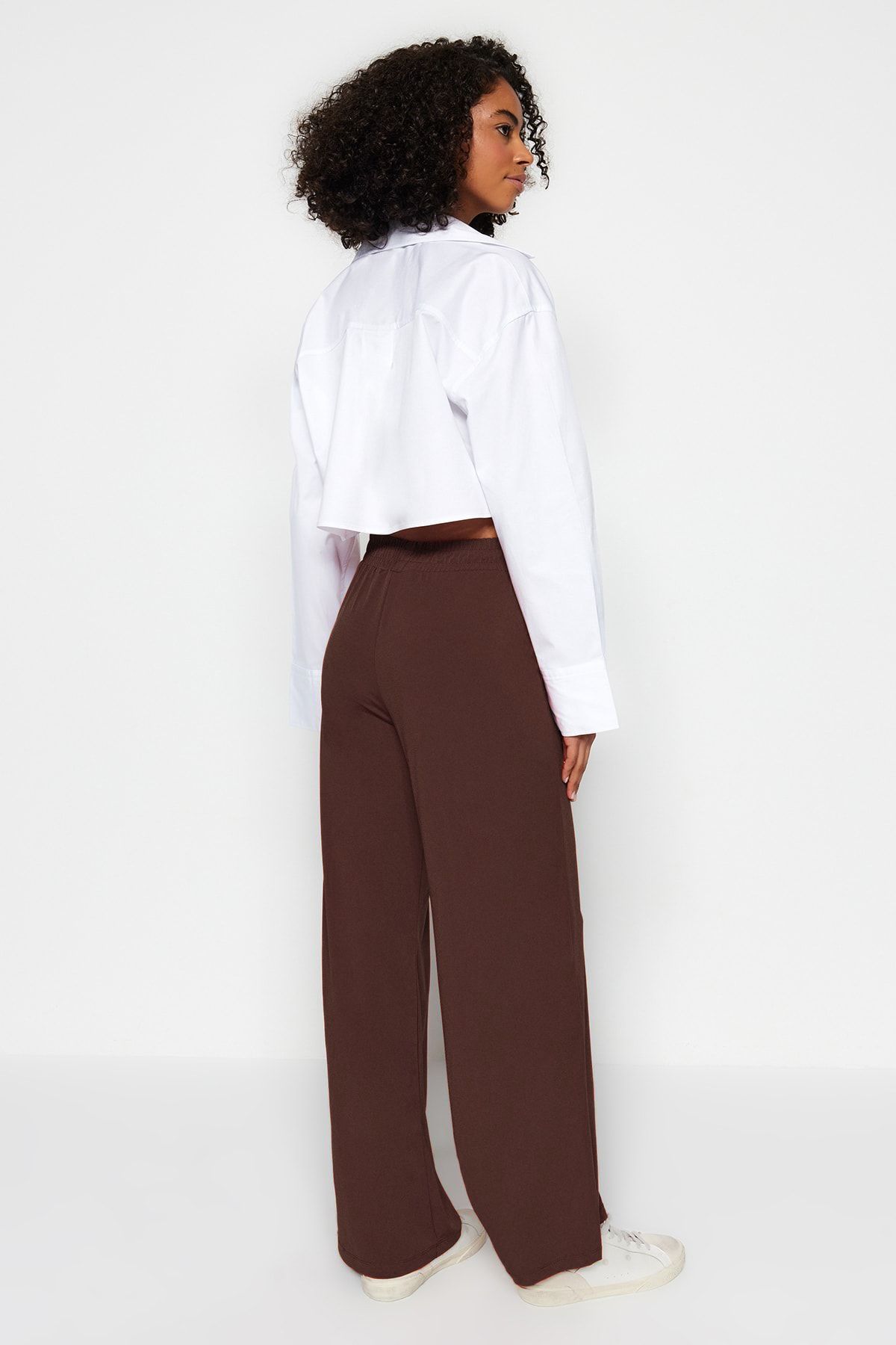Trendyol Collection-Hnědá široká noha/ uvolněný střih s vysokým pasem elastické kalhoty Twoss23Pl00129 6