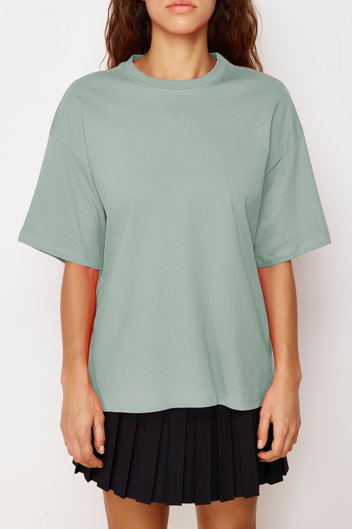  Trendyolmilla Mint %100 Pamuk Premium Oversize/Geni? Kal?p Bisiklet Yaka ?rme T-Shirt