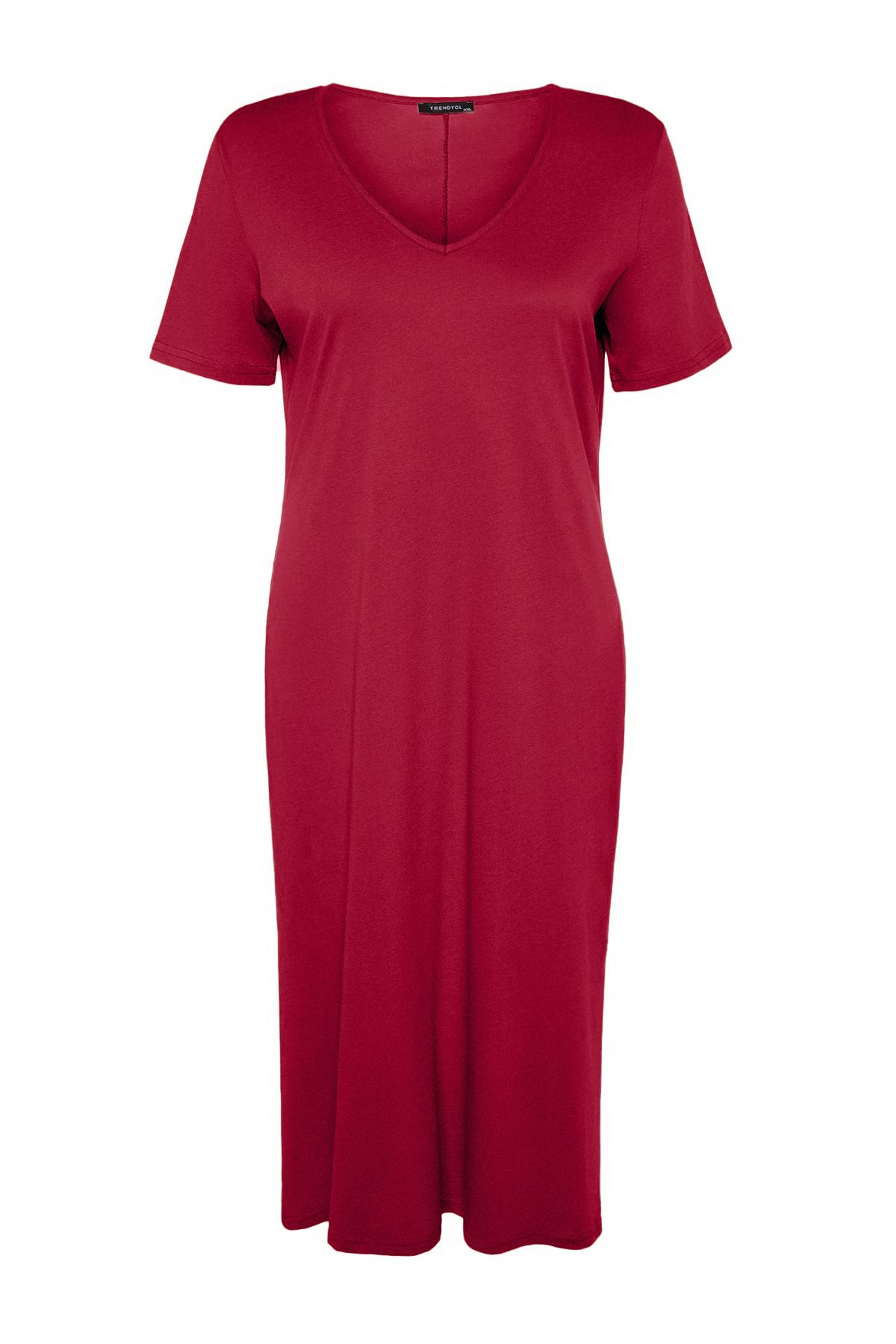 Trendyol Curve-Rotes V-Ausschnitt-Schlitzkleid aus 100 % gestrickter Baumwolle in Übergröße TBBSS22AH0163 7