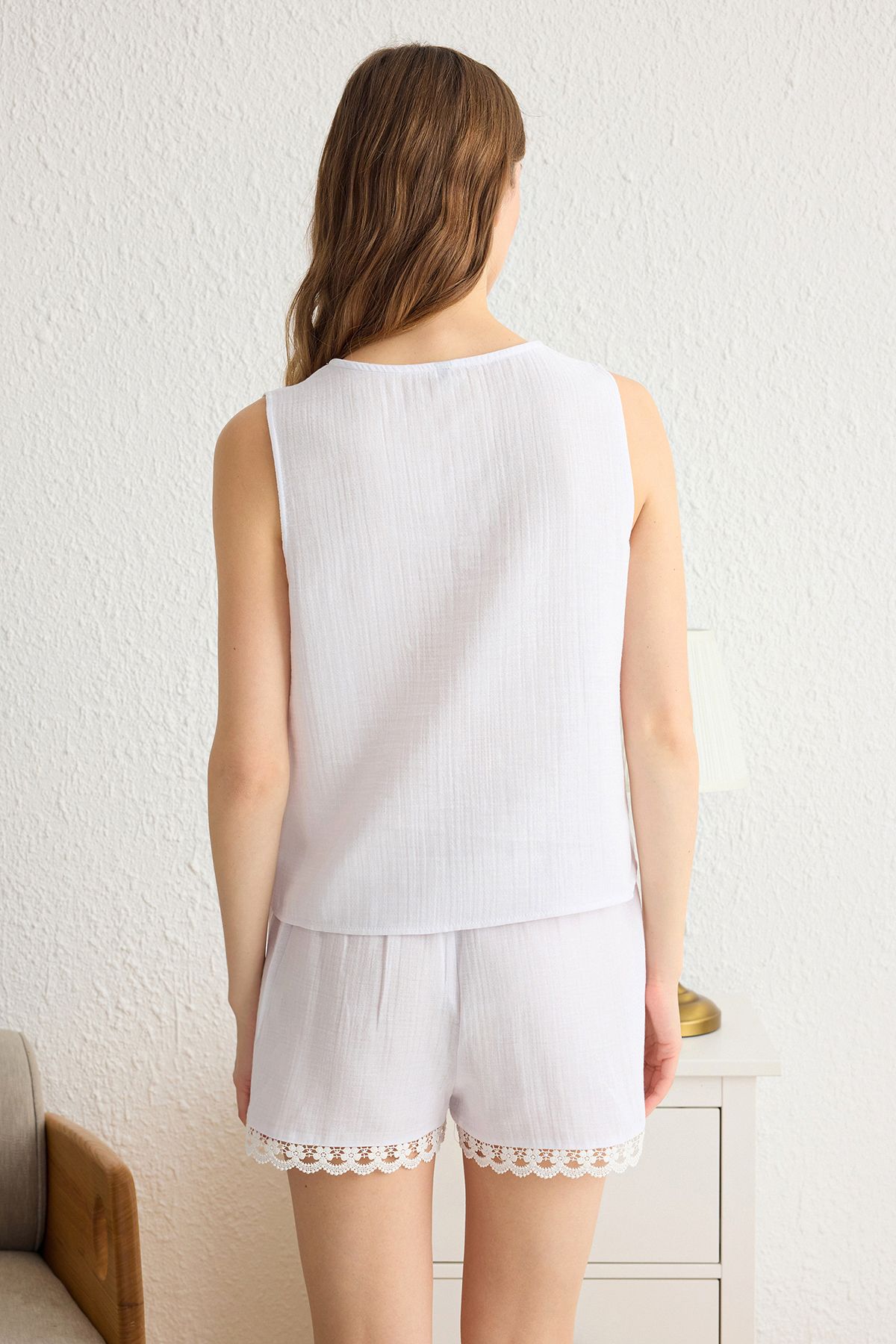 Trendyol Collection-Set pijamale alb 100% bumbac dantela Dateyl muselină țesută THMSS25PT00023 5
