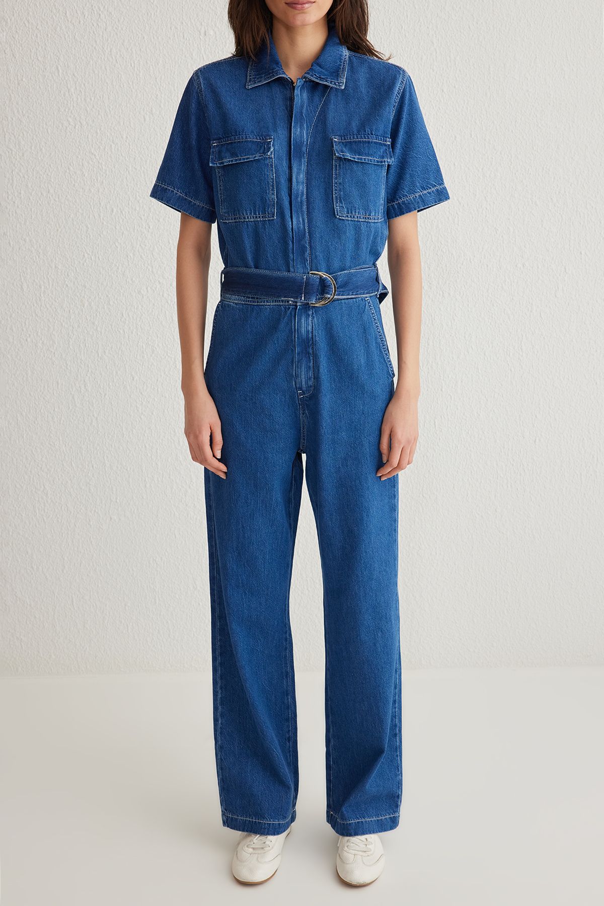 Trendyol Collection-Salopetă albastră din denim cu mânecă scurtă, cu buzunar, cu centură TWOSS25TU00003 3