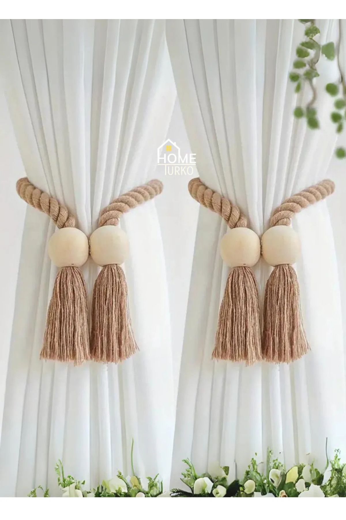 HomeTurko-2 Pcs Jute Weave Curtain Tie Bohemian Curtain Buckle for Bedroom, Living Room, Kitchen, Home Decorations 2
