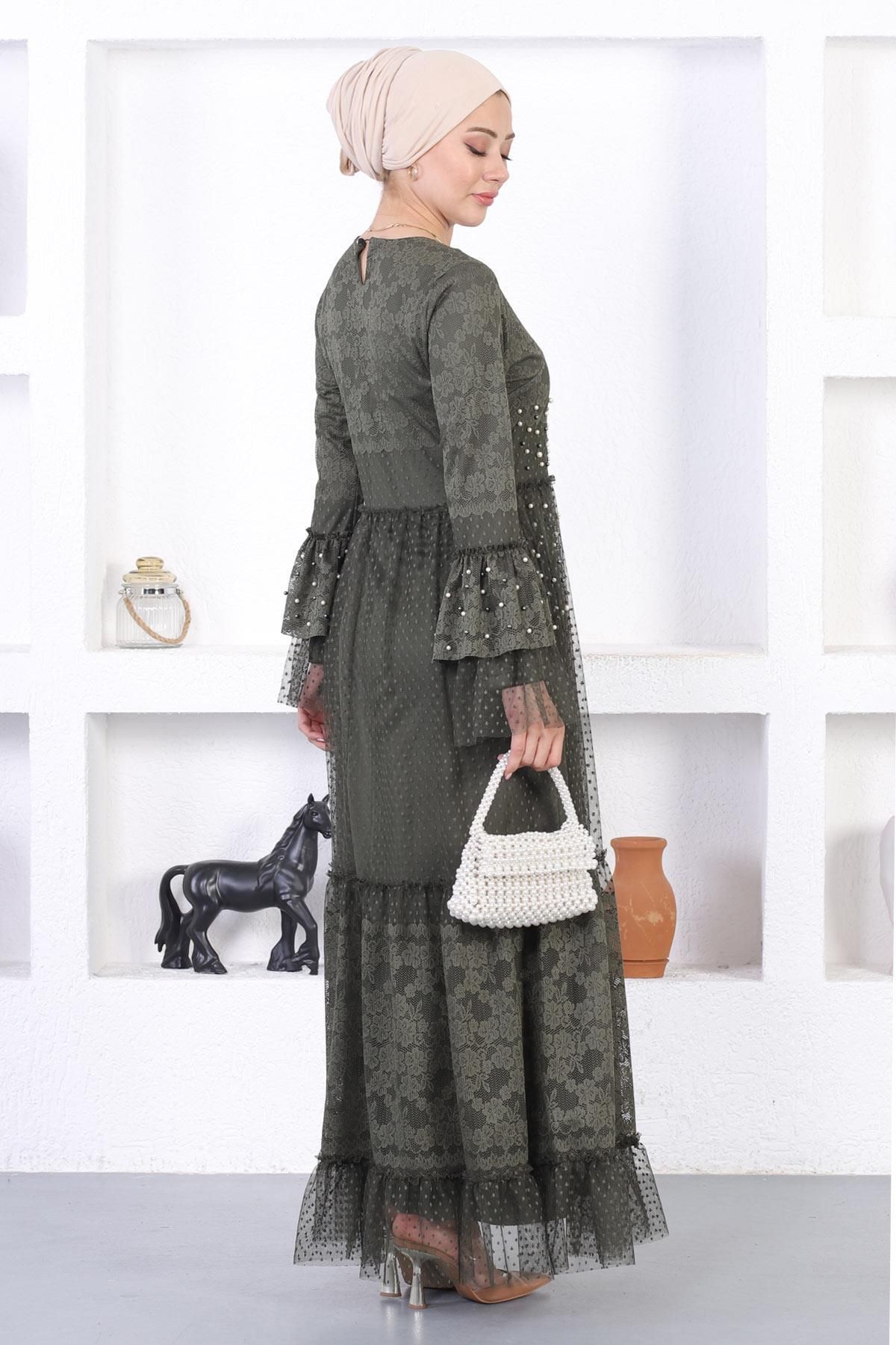 Moda Mihram-Pearl Lace Ruffle Sleeve Evening Dress 5