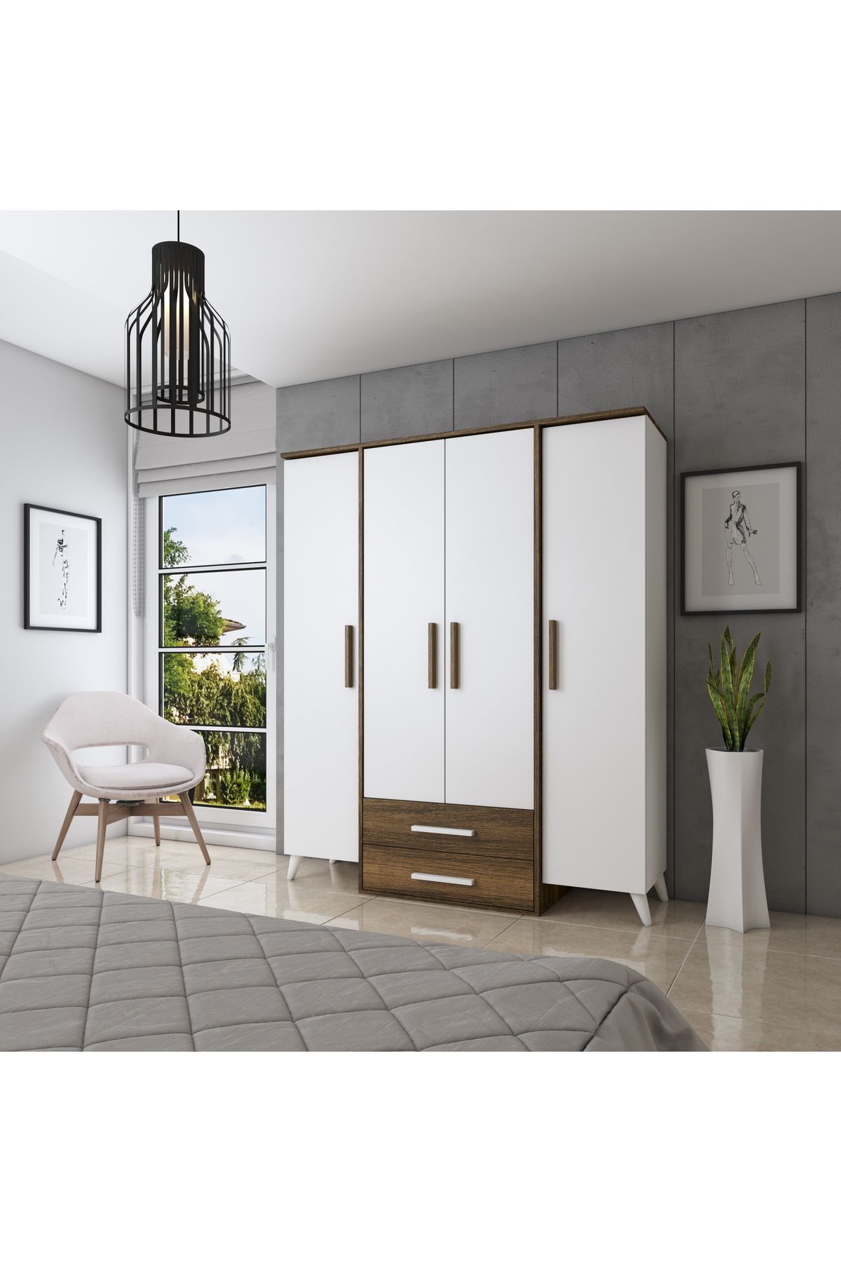 Home Art Design Sera 4 Kapaklı 2 Çekmeceli Gardırop - Atlantik Çam/Beyaz