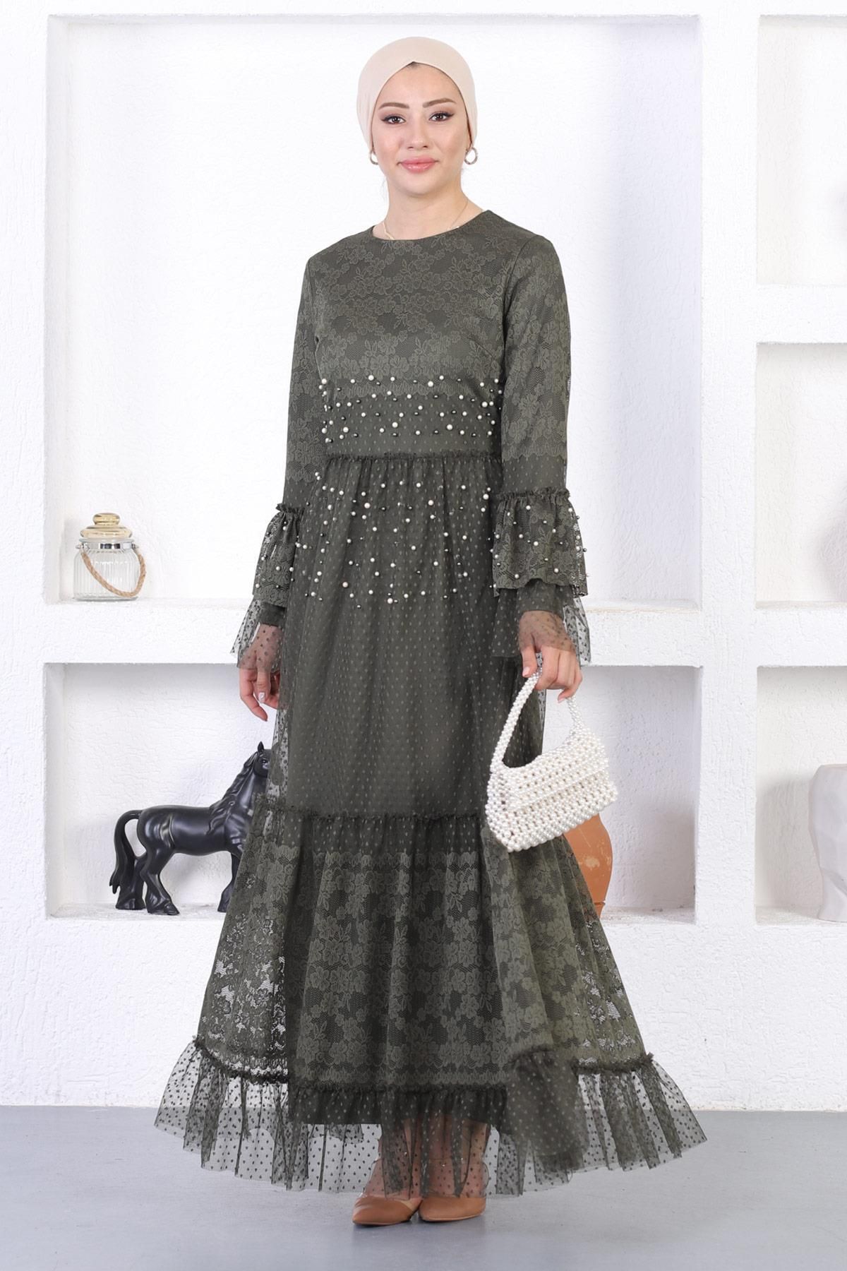 Moda Mihram-Pearl Lace Ruffle Sleeve Evening Dress 1