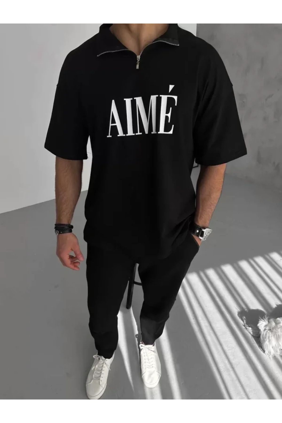 Veronika Mağazacılık Unisex Yarım Fermuarlı Baskılı T-Shirt - Siyah