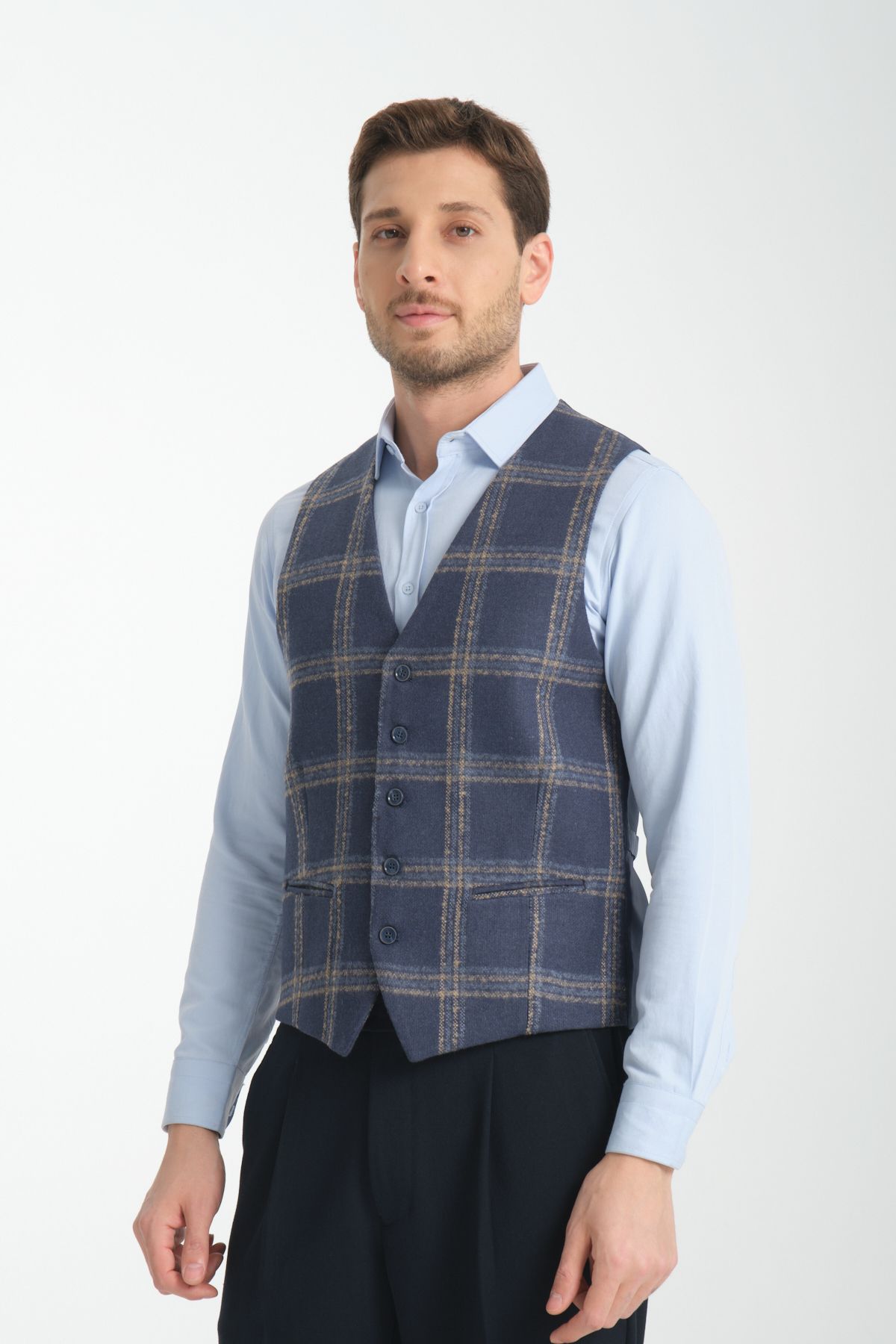 Frappoli-Plaid Patterned V-Neck Vest Slim Fit 2