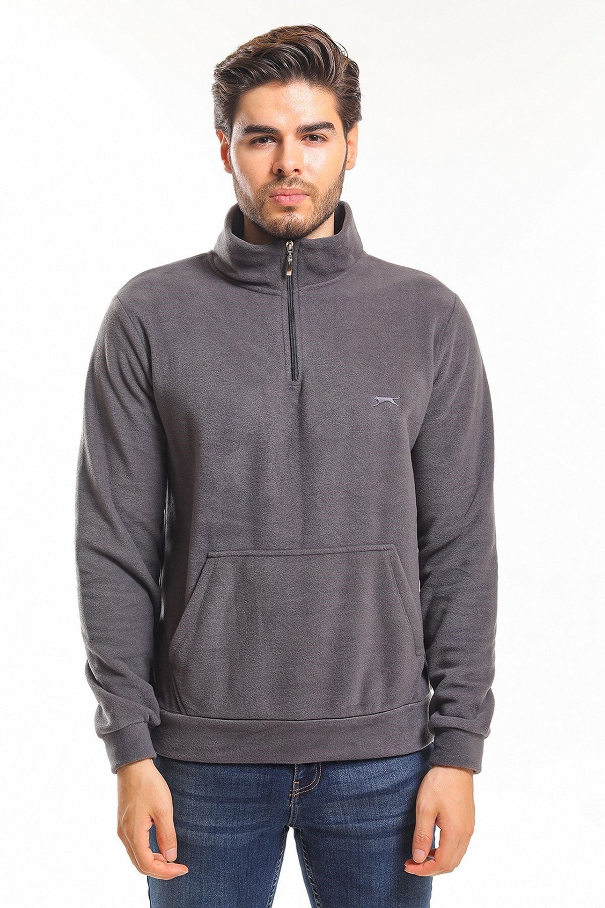 Slazenger Günlük Kanguru Cepli Yaka Fermuarlı Kışlık Kapüşonlu Rahat Erkek Sweatshirt Gri