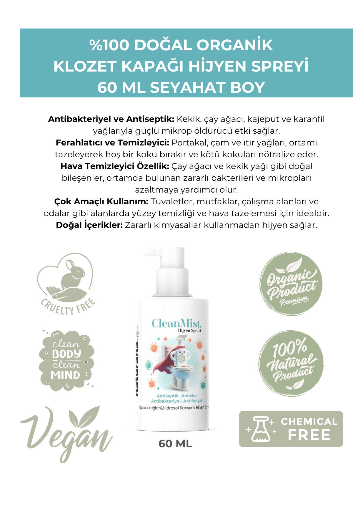 Naturana %100 Doğal Klozet Kapağı Hijyen Spreyi 60 ML Hava Tazeleyici Çok Amaçlı Dezenfektan