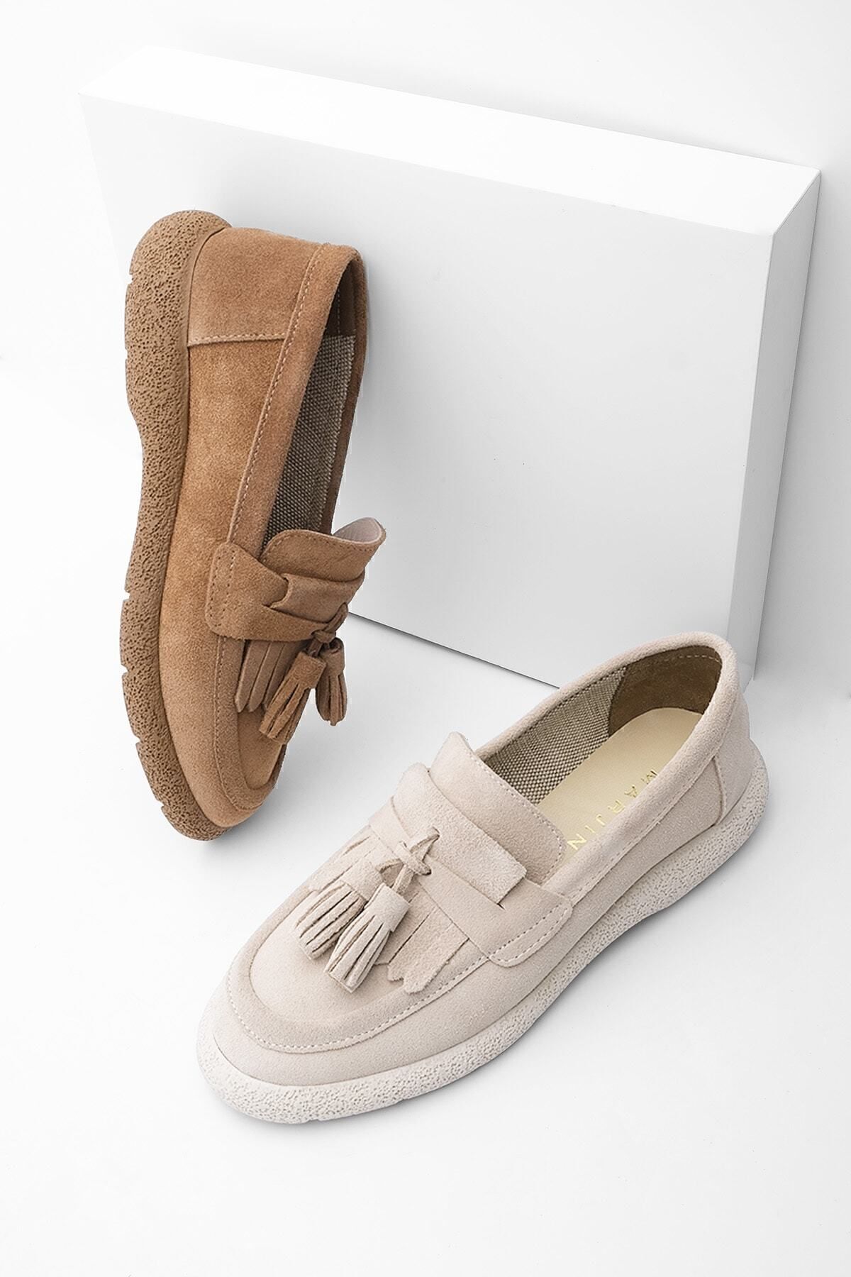 Marjin-Női Valódi Bőr Loafer Alkalmi Cipők Suma Beige Suede 8