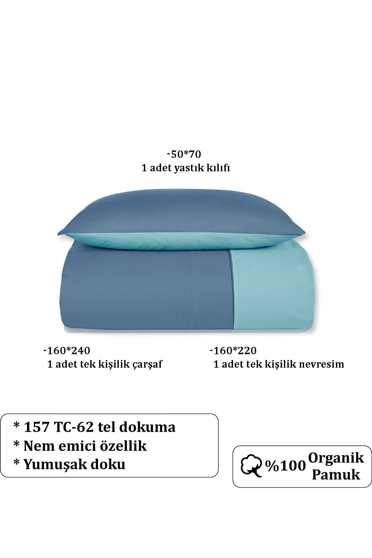 Evim-Set cuvertură de pilota reversibilă din bumbac organic - Single, 160x220 cm, Indigo Petrol 6