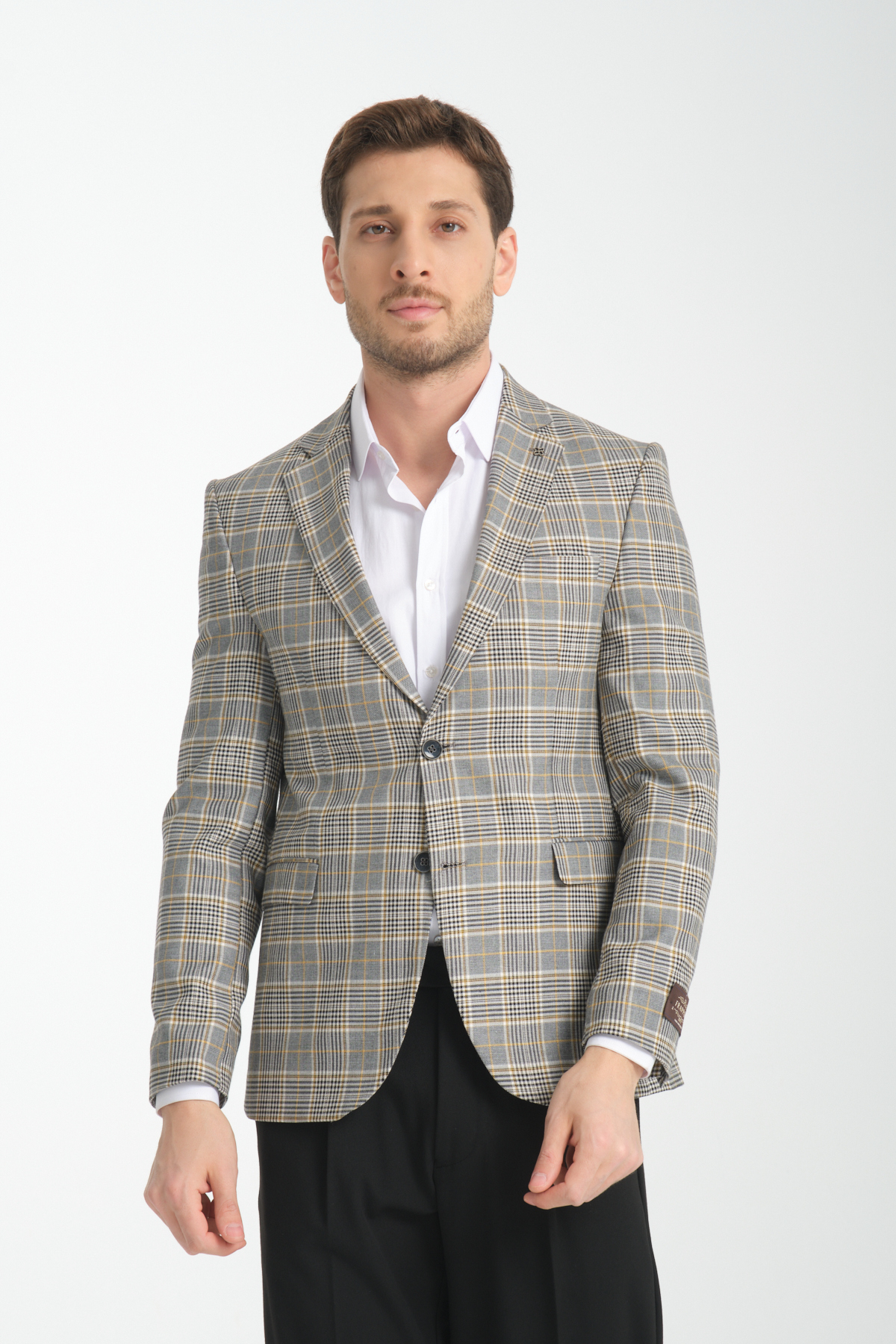 Frappoli  Ferruci Erkek Gri Ekose Slim Fit Dar Kesim Mono Yaka Blazer Ceket - Görsel 4