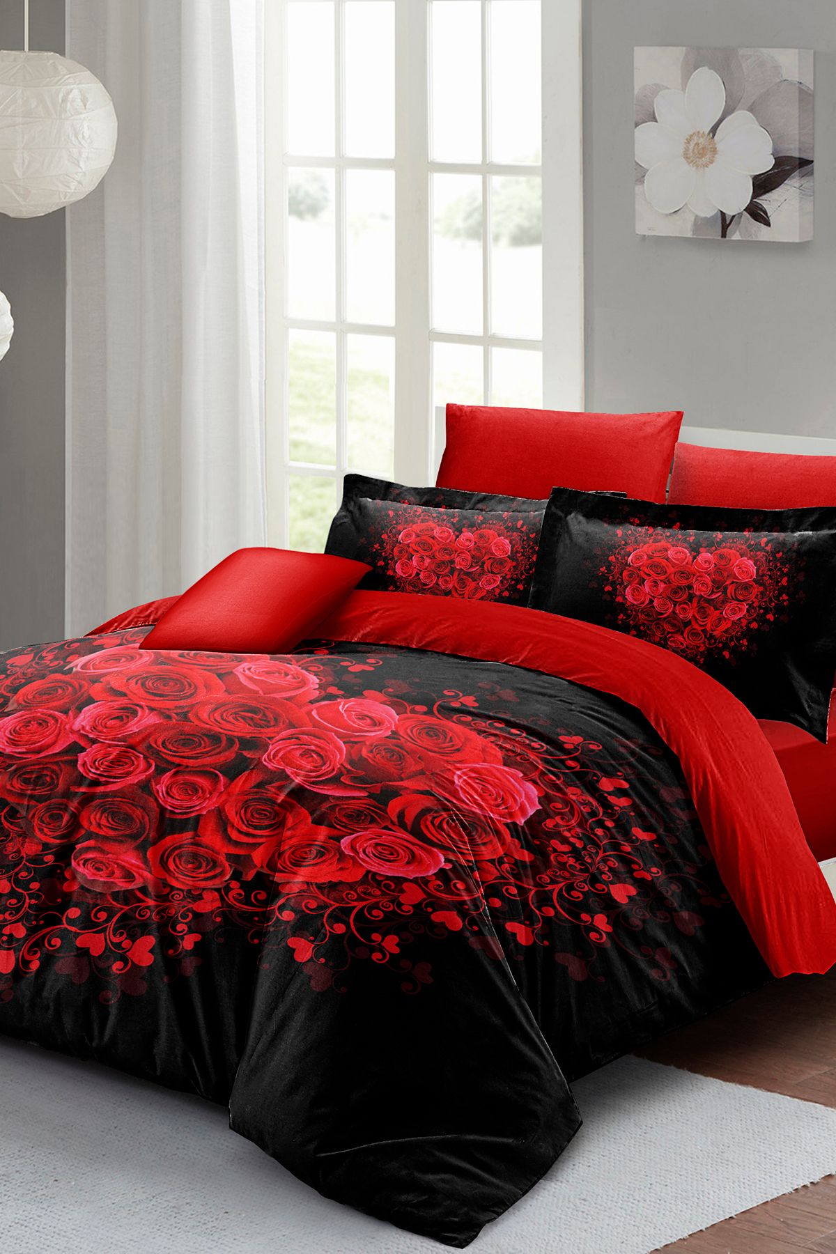 MonoHome Kıng Sıze %100 Pamuk Saten Çift Kişilik Nevresim Takımı Rose Heart Black 220x240cm