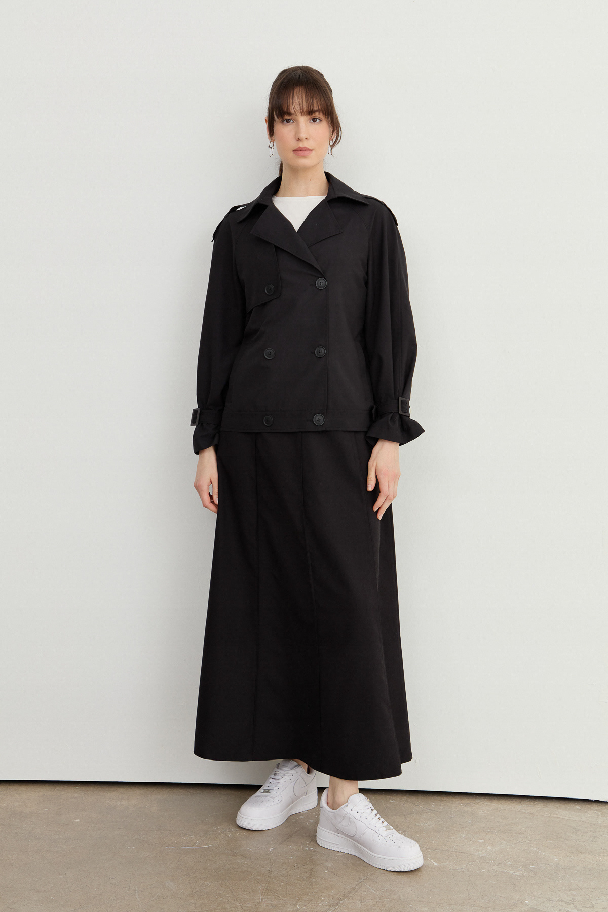 Fatma Atasoy-Midi Trench Jacket with Sleeve Epaulettes Black 4