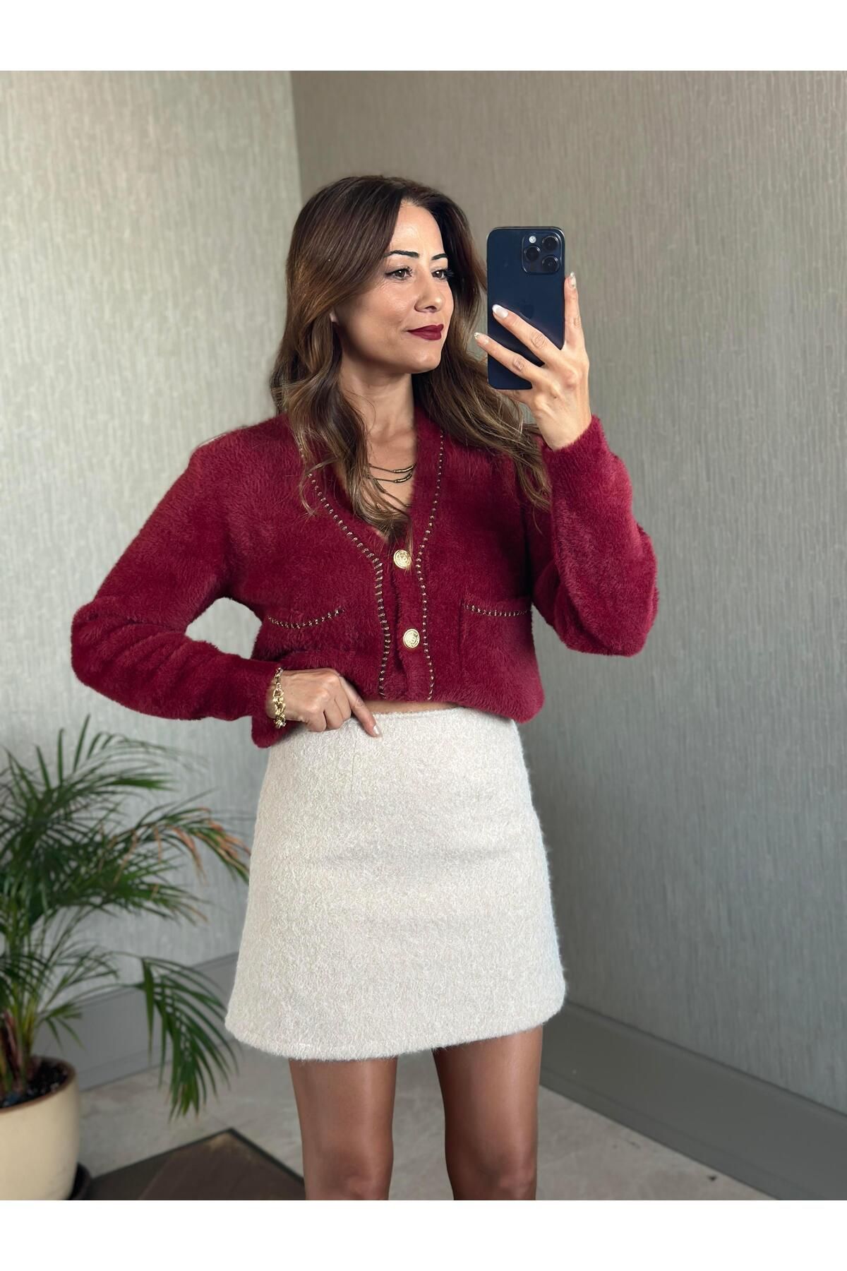 Forlady Butik Bej Kırçıllı Kaşe Arkası Fermuarlı Astarlı Kadın Mini Etek