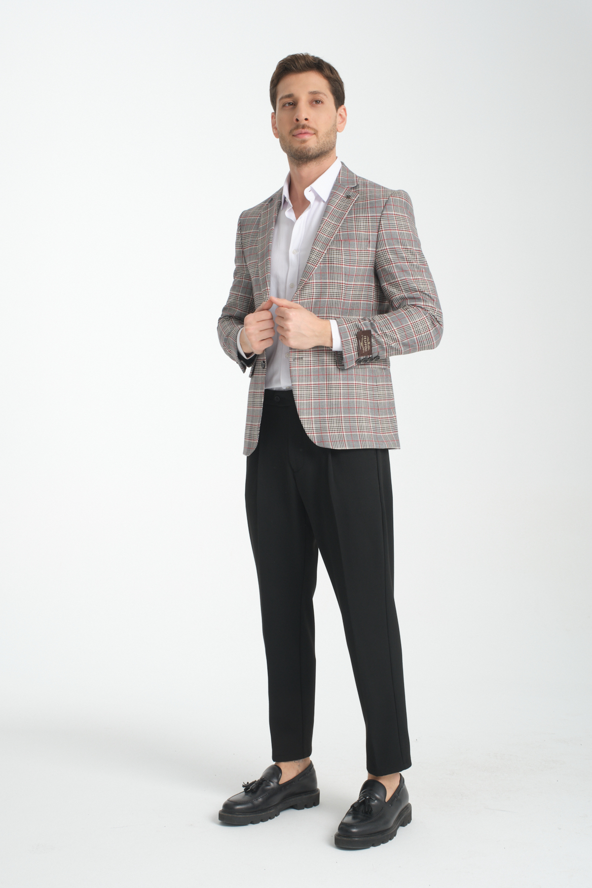 Frappoli  Ferruci Erkek Siyah - Bordo Ekose Slim Fit Dar Kesim Mono Yaka Spor Blazer Ceket - Görsel 8