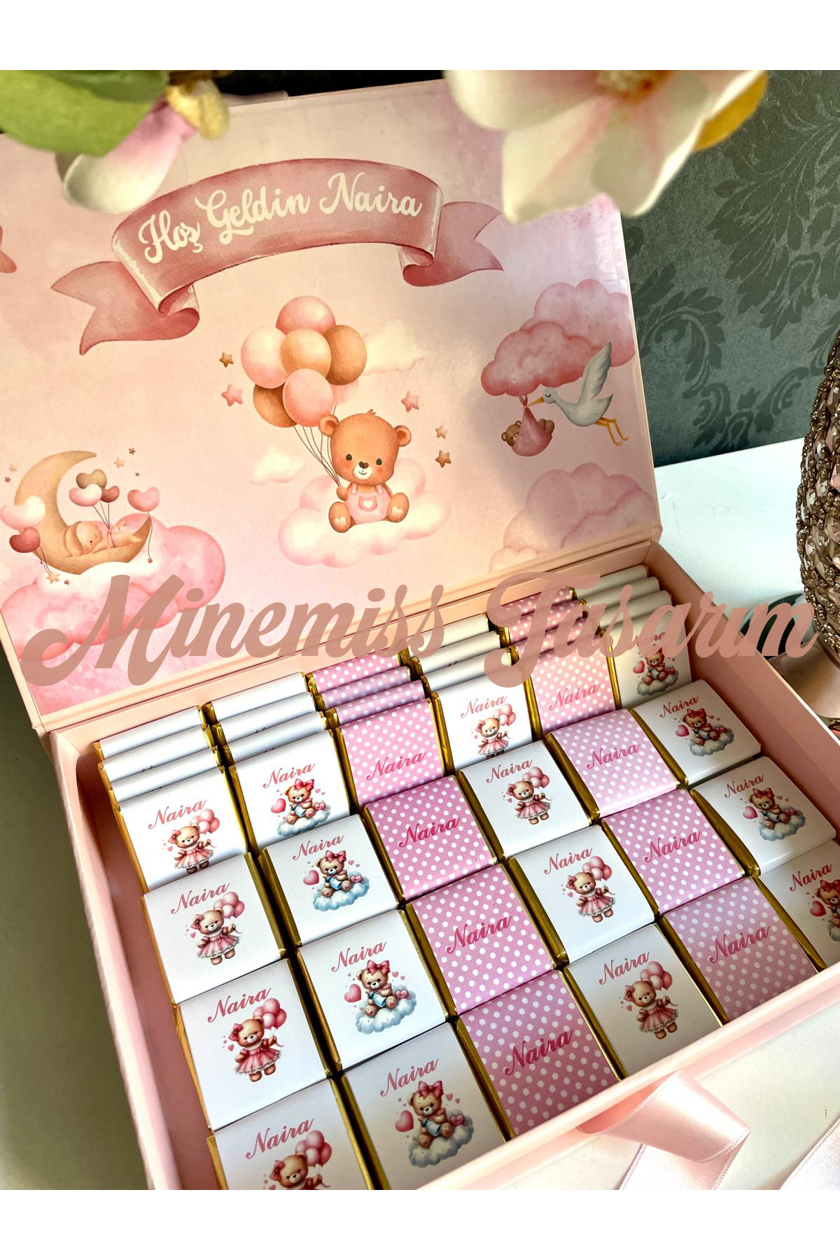 Minemiss Tasarım Kutulu Isme Özel Tasarımlı Kız-erkek 60 Adet Bebek Çikolatası Ve 25 Adet Kolonya Yaş Günü-hediyelik fotoğrafı 4 (önizleme)