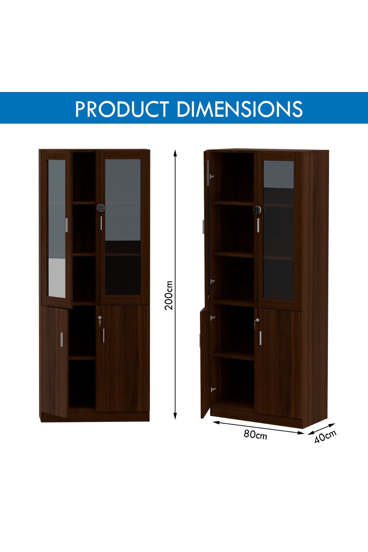 Mahmayi-Argent 1123 Full Height Wooden Bookshelf Cabinet with Digital Lock for Home-Dark Walnut 6