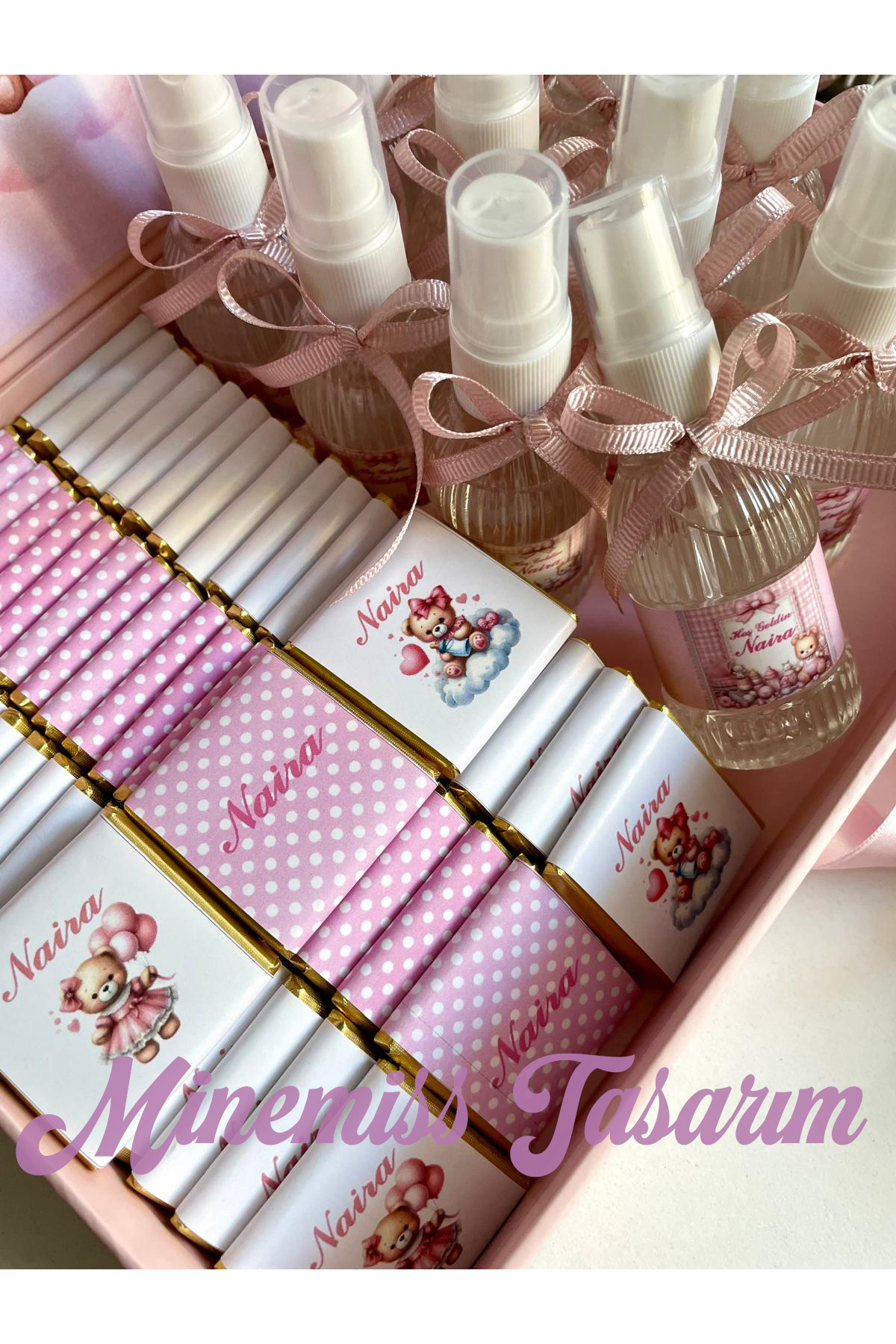 Minemiss Tasarım Kutulu Isme Özel Tasarımlı Kız-erkek 60 Adet Bebek Çikolatası Ve 25 Adet Kolonya Yaş Günü-hediyelik fotoğrafı 2 (önizleme)
