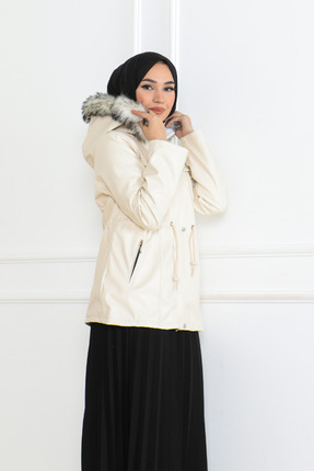 BurcuFashion Belden Bağcık, Yan cep Fermuar detaylı  Kapşonulu Kısa Deri Mont...