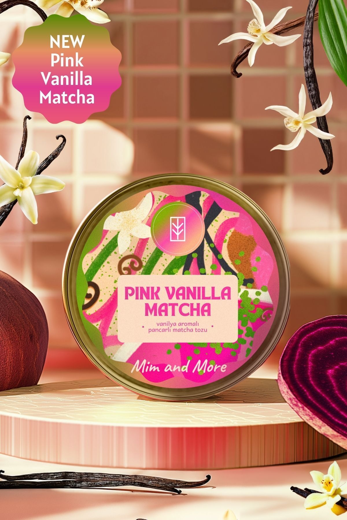 Mim and More Pink Vanilla Matcha - Vanilya Aromalı Pembe Superfood Matcha tozu, 25 gr