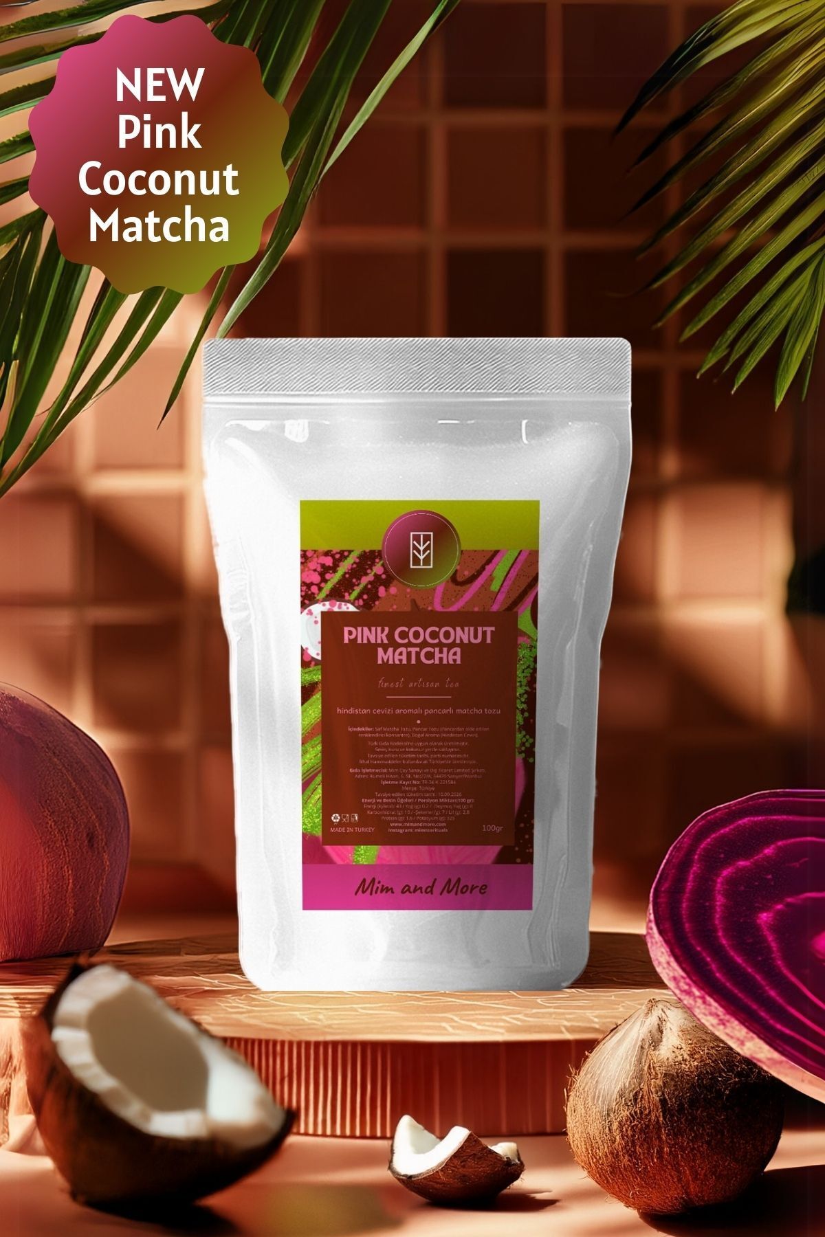 Mim and More Pink Coconut Matcha - Hindistan Cevizi Aromalı Pembe Superfood Matcha Tozu, 100 gr